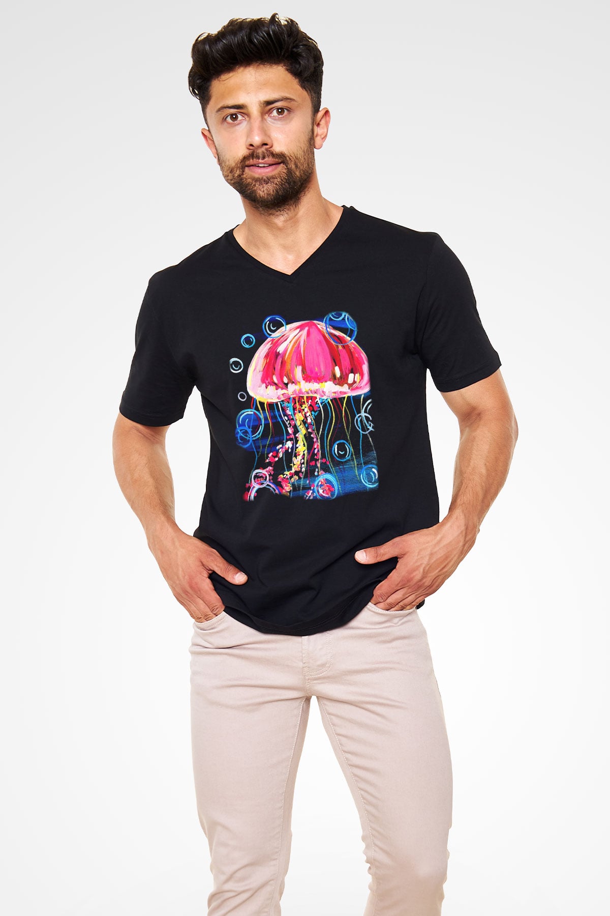 Deniz canlıları Siyah Unisex V Yaka Tişört T-Shirt