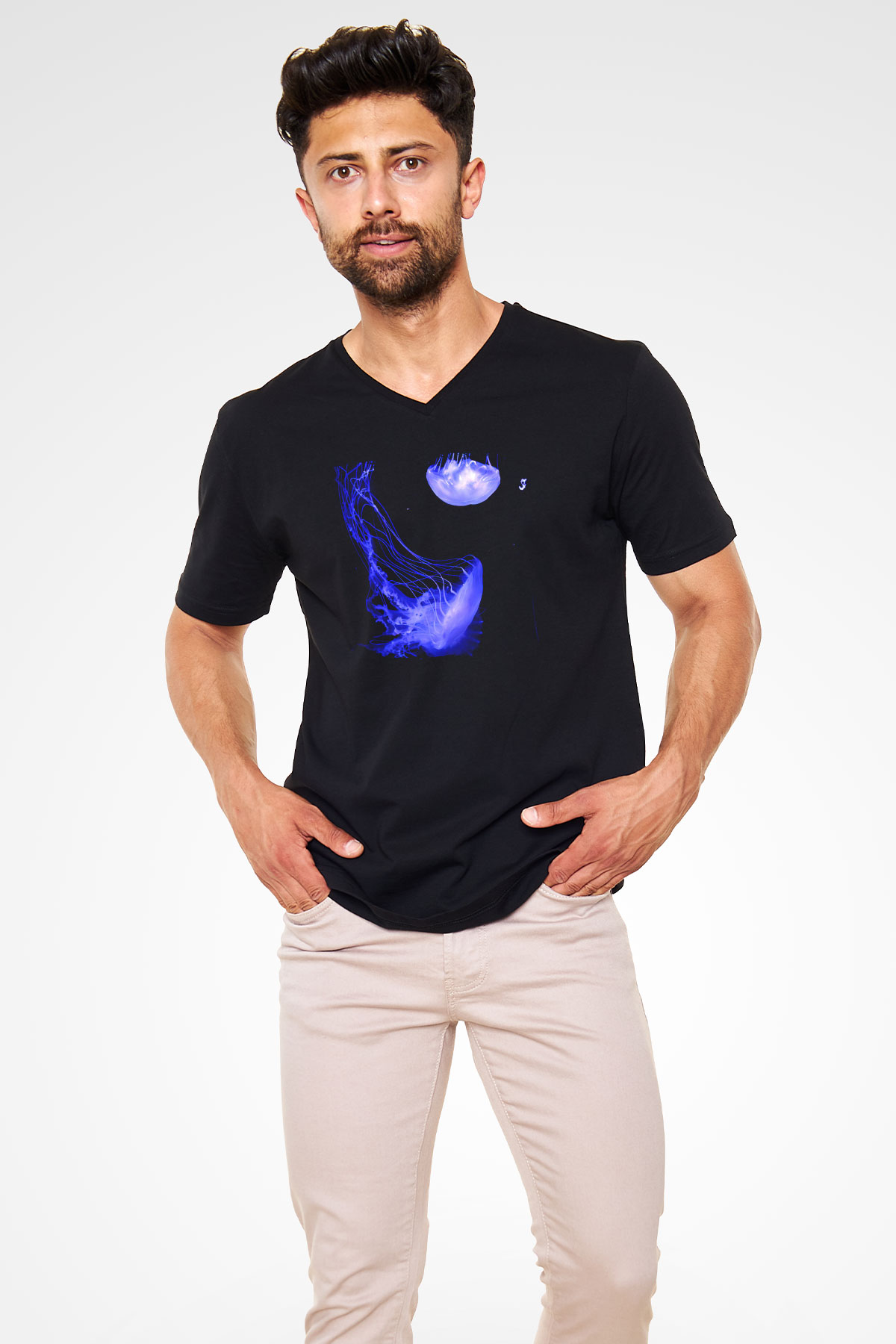 Deniz canlıları Siyah Unisex V Yaka Tişört