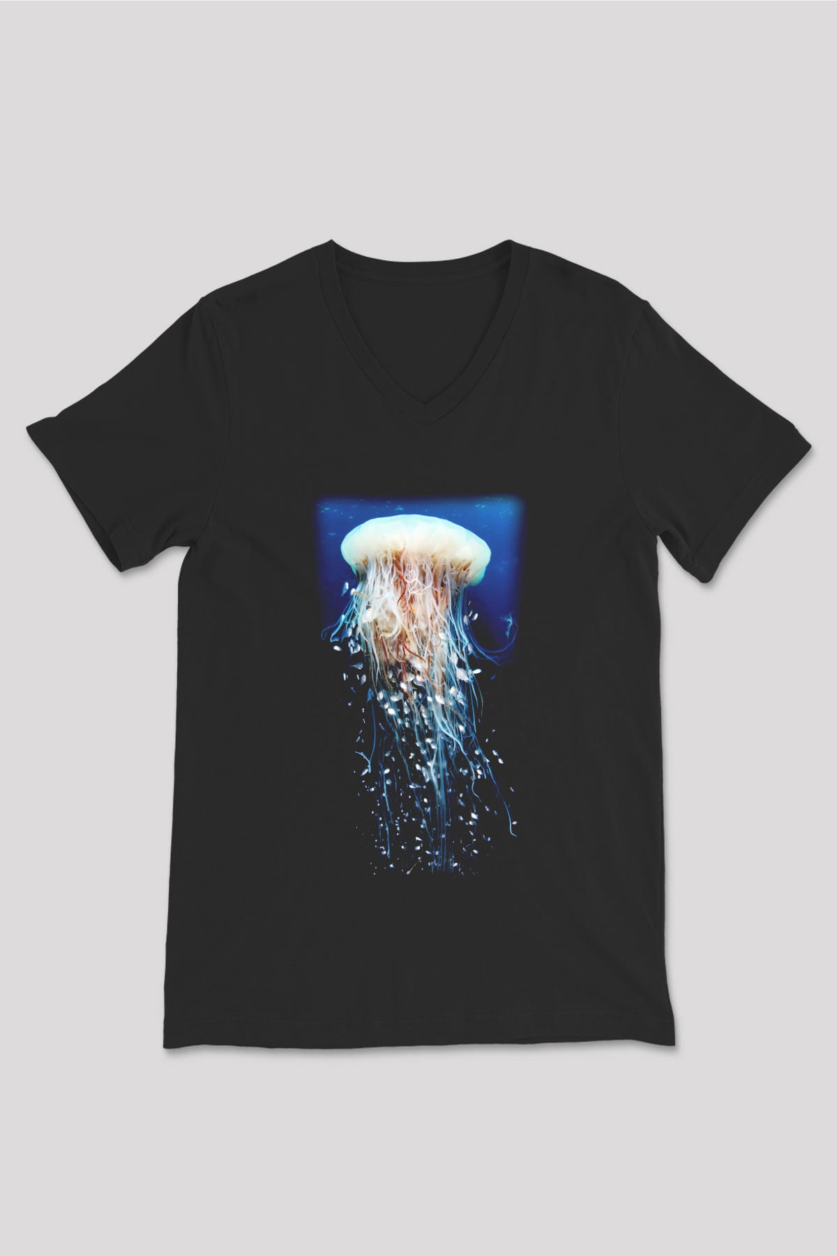 Deniz canlıları Siyah Unisex V Yaka Tişört T-Shirt