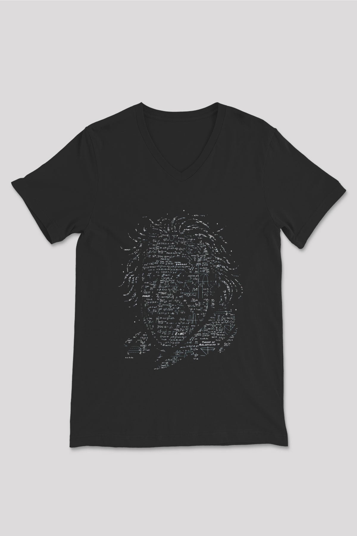 Denklemlerden Oluşan Einstein Silüeti Baskılı Unisex Siyah V Yaka Tişört