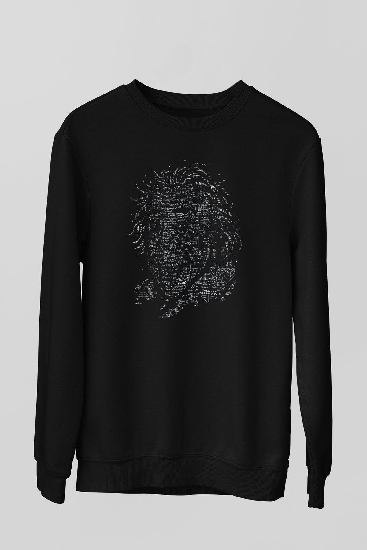 Denklemlerden Oluşan Einstein Silüeti Baskılı Unisex Siyah Sweatshirt