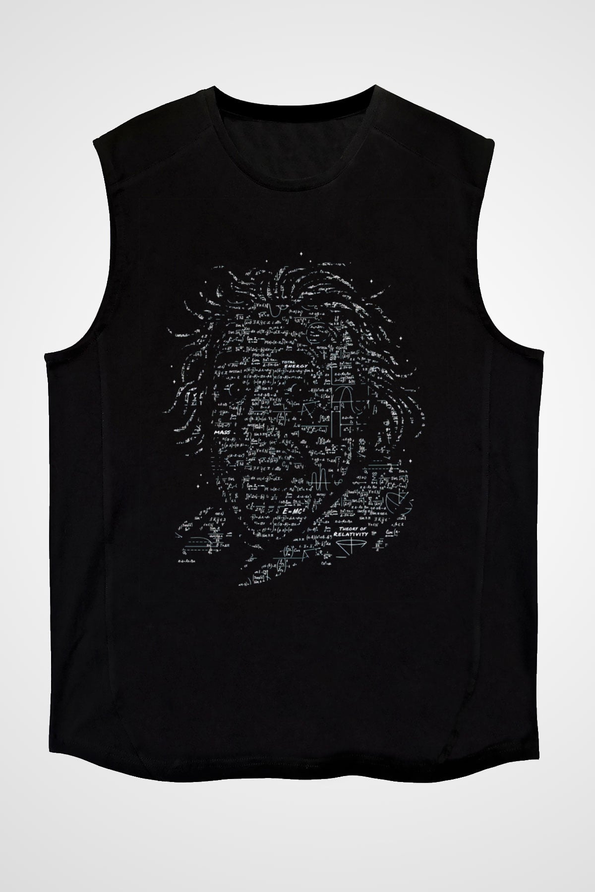 Denklemlerden Oluşan Einstein Silüeti Baskılı Unisex Siyah Kolsuz Tişört