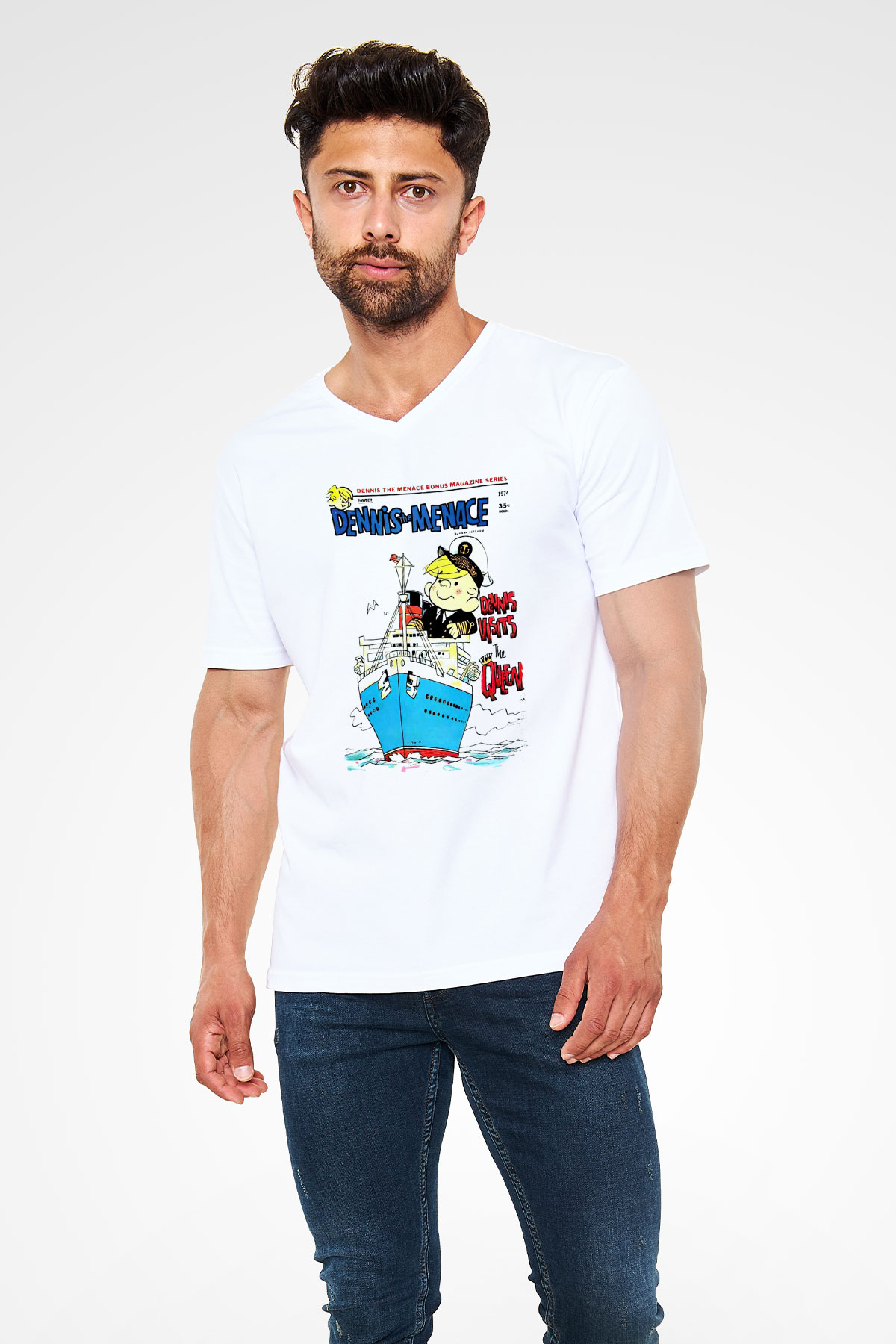 Dennis the Menace Beyaz Unisex V Yaka Tişört