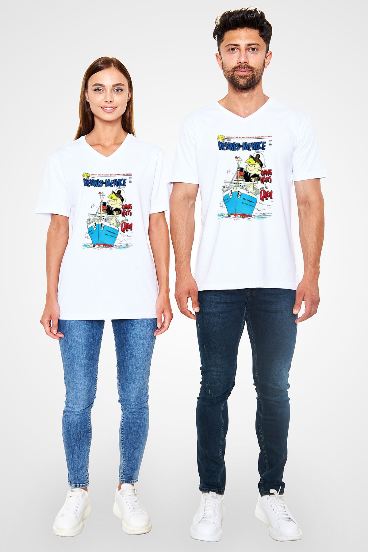 Dennis the Menace Beyaz Unisex V Yaka Tişört