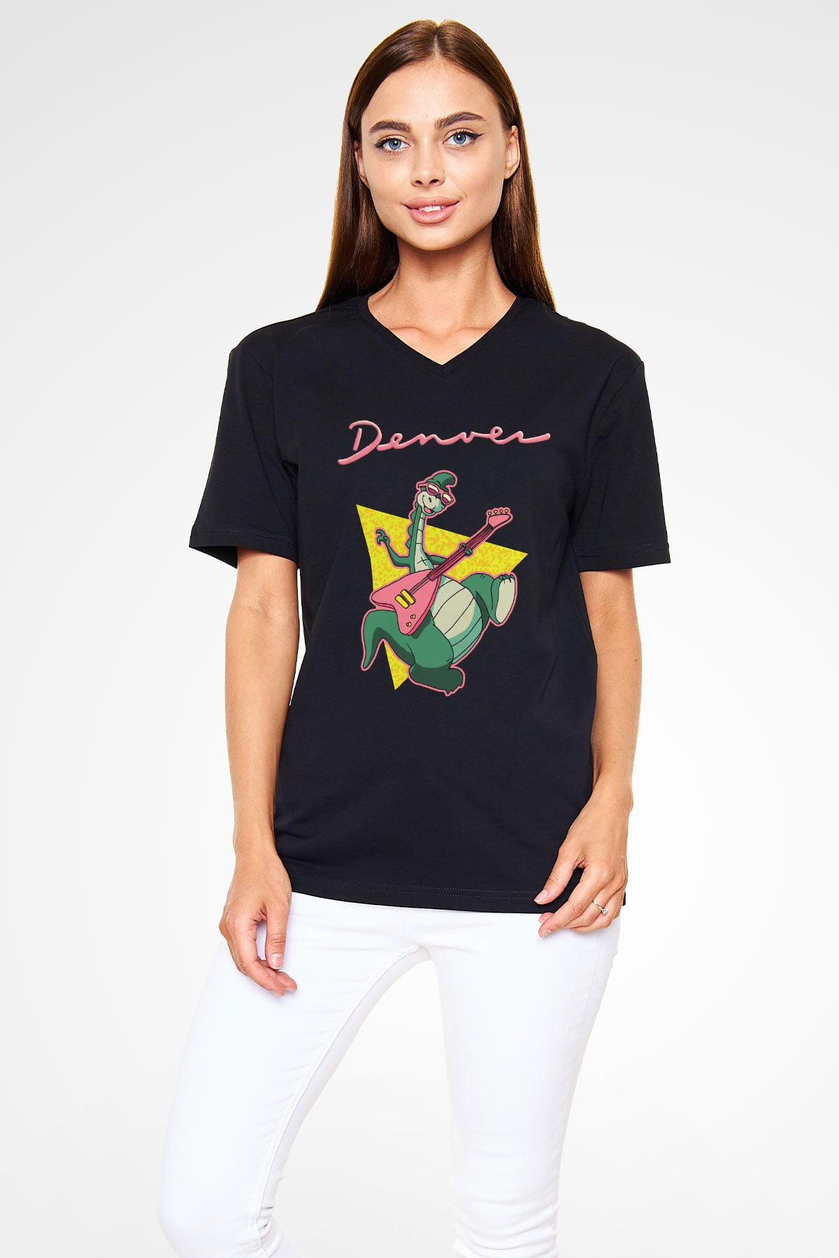 Denver, the Last Dinosaur Siyah Unisex V Yaka Tişört