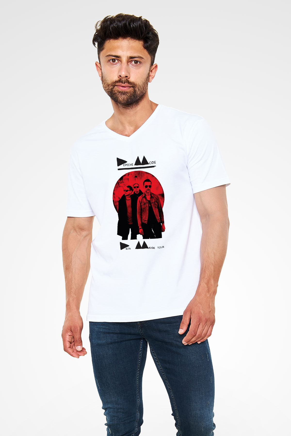 Depeche Mode Beyaz Unisex V Yaka Tişört T-Shirt