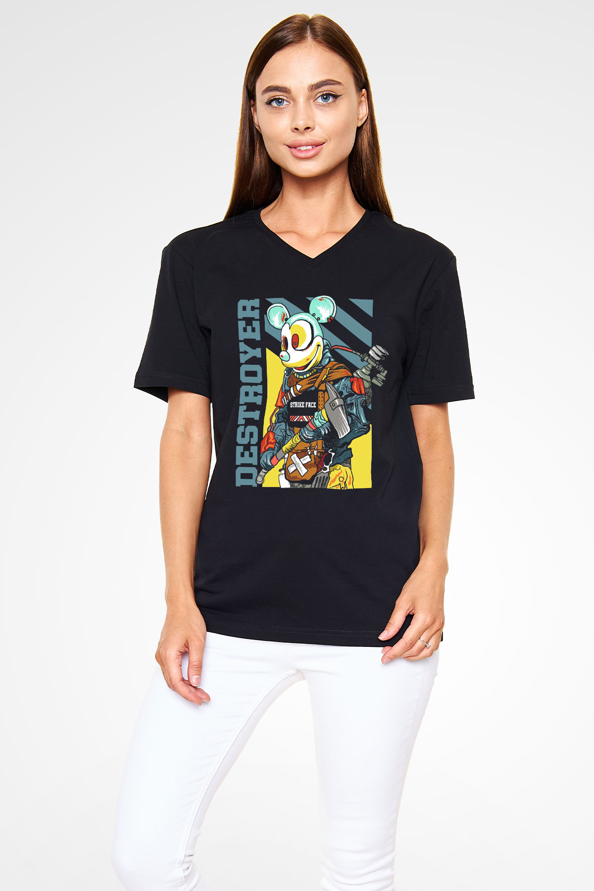 Destroyer Baskılı Unisex Siyah  V Yaka Tişört