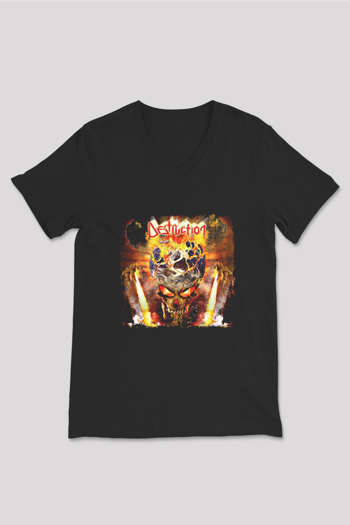 Destruction Baskılı Unisex Siyah V Yaka Tişört