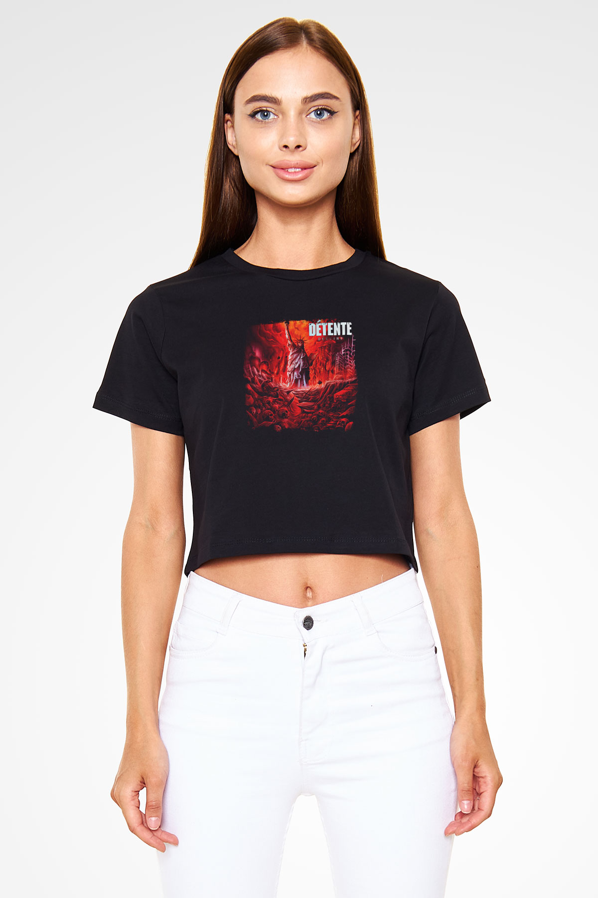 Detente Baskılı Unisex Siyah Crop Top Tişört
