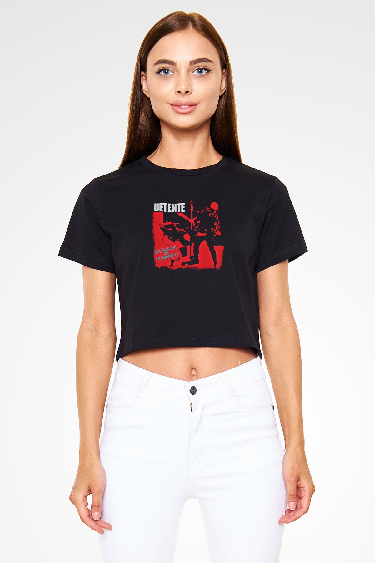 Detente Baskılı Unisex Siyah Crop Top Tişört