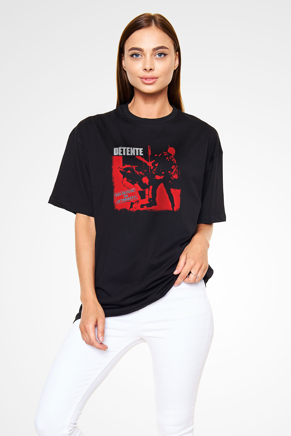 Detente Baskılı Unisex Siyah Oversize Tişört