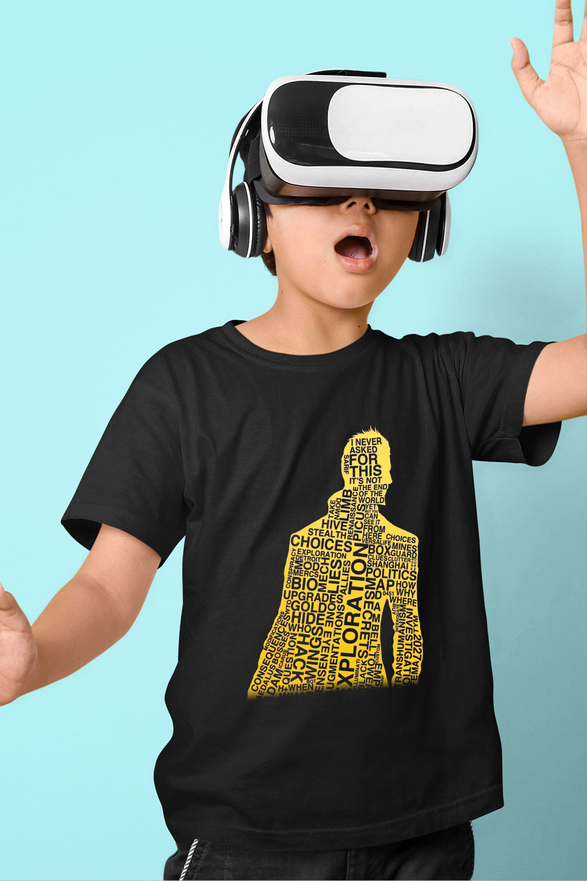 Deus Ex Baskılı Siyah Unisex Çocuk Tişört