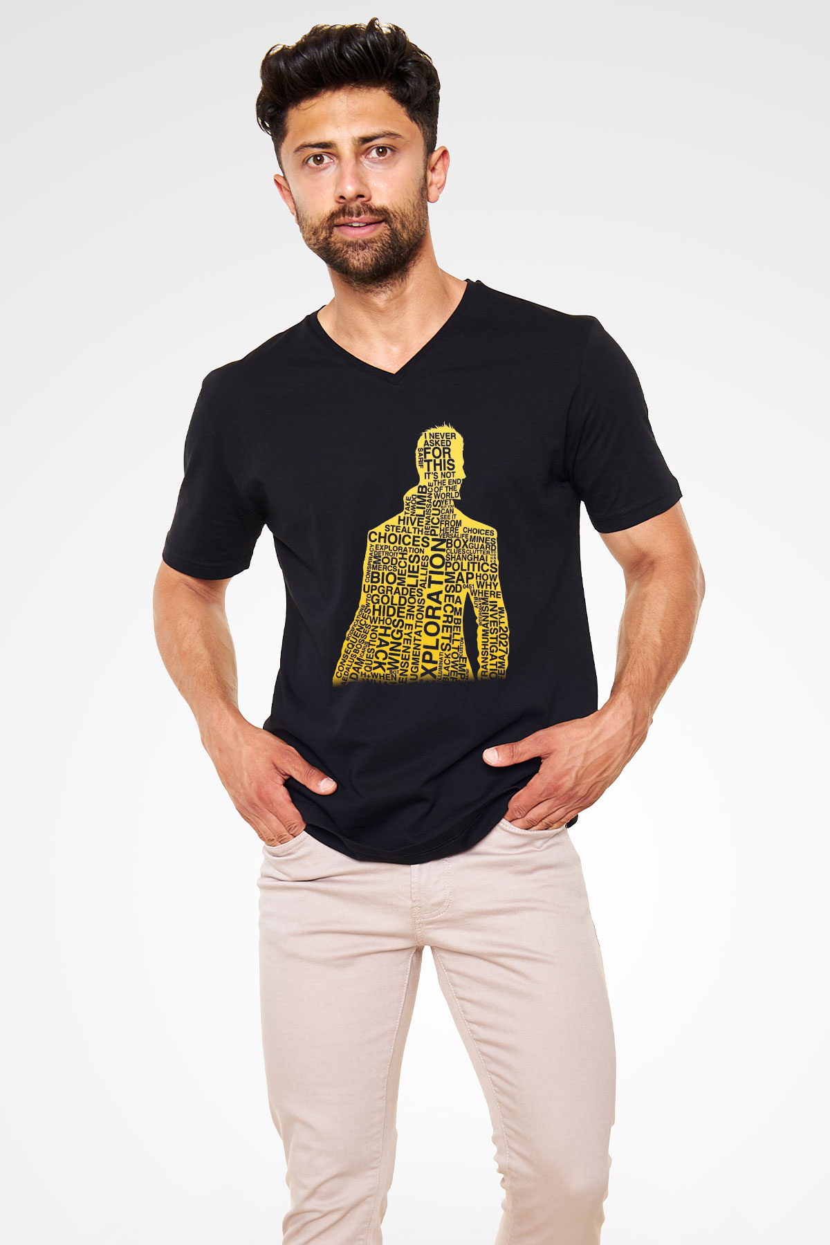 Deus Ex Siyah Unisex V Yaka Tişört T-Shirt