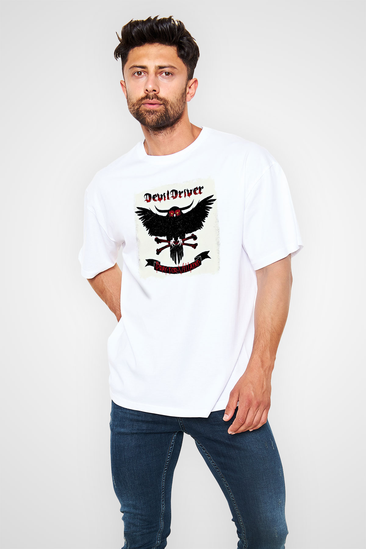 Devil Driver Baskılı Unisex Beyaz Oversize Tişört
