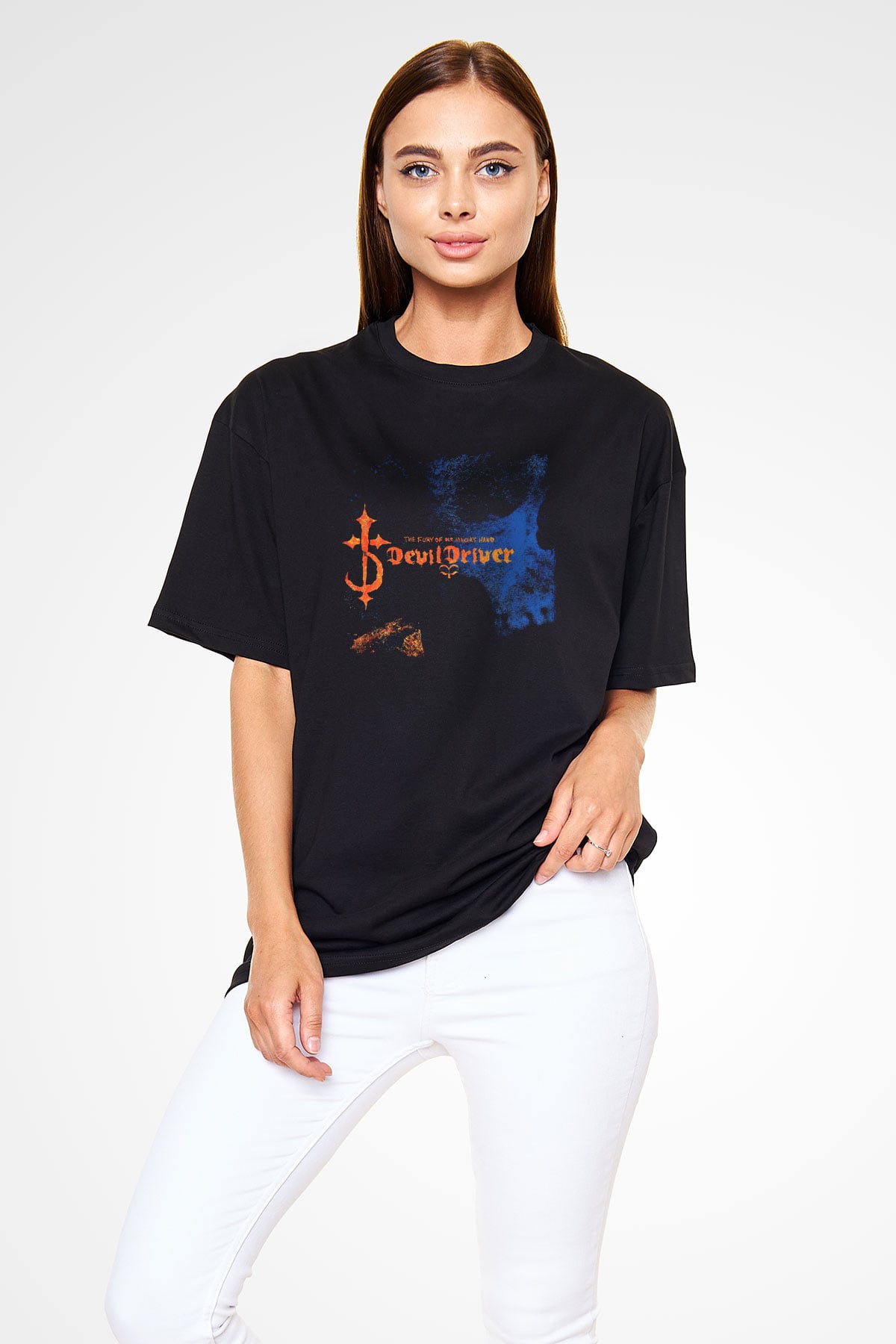Devil Driver Baskılı Unisex Siyah Oversize Tişört
