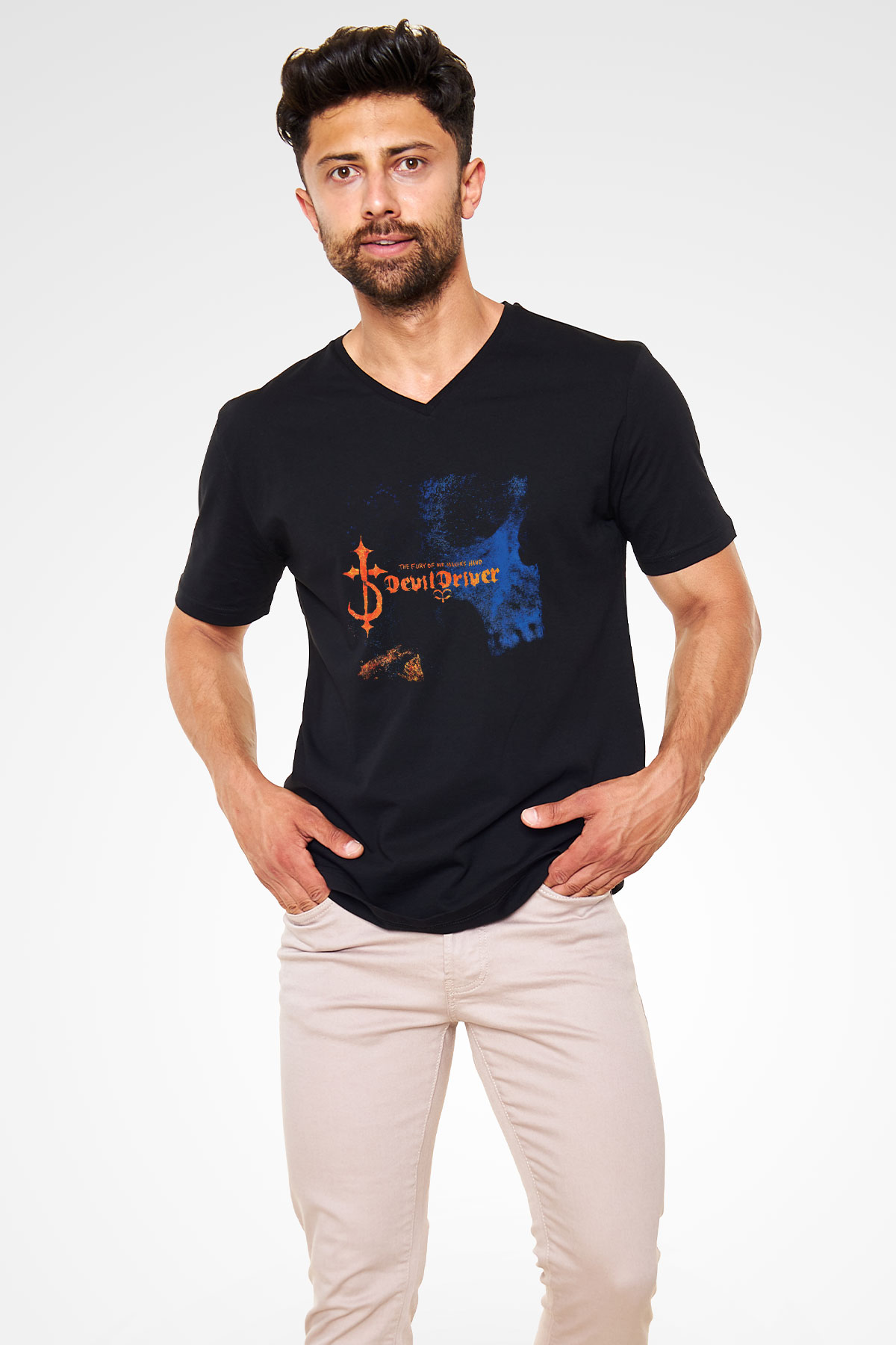 Devil Driver Baskılı Unisex Siyah V Yaka Tişört