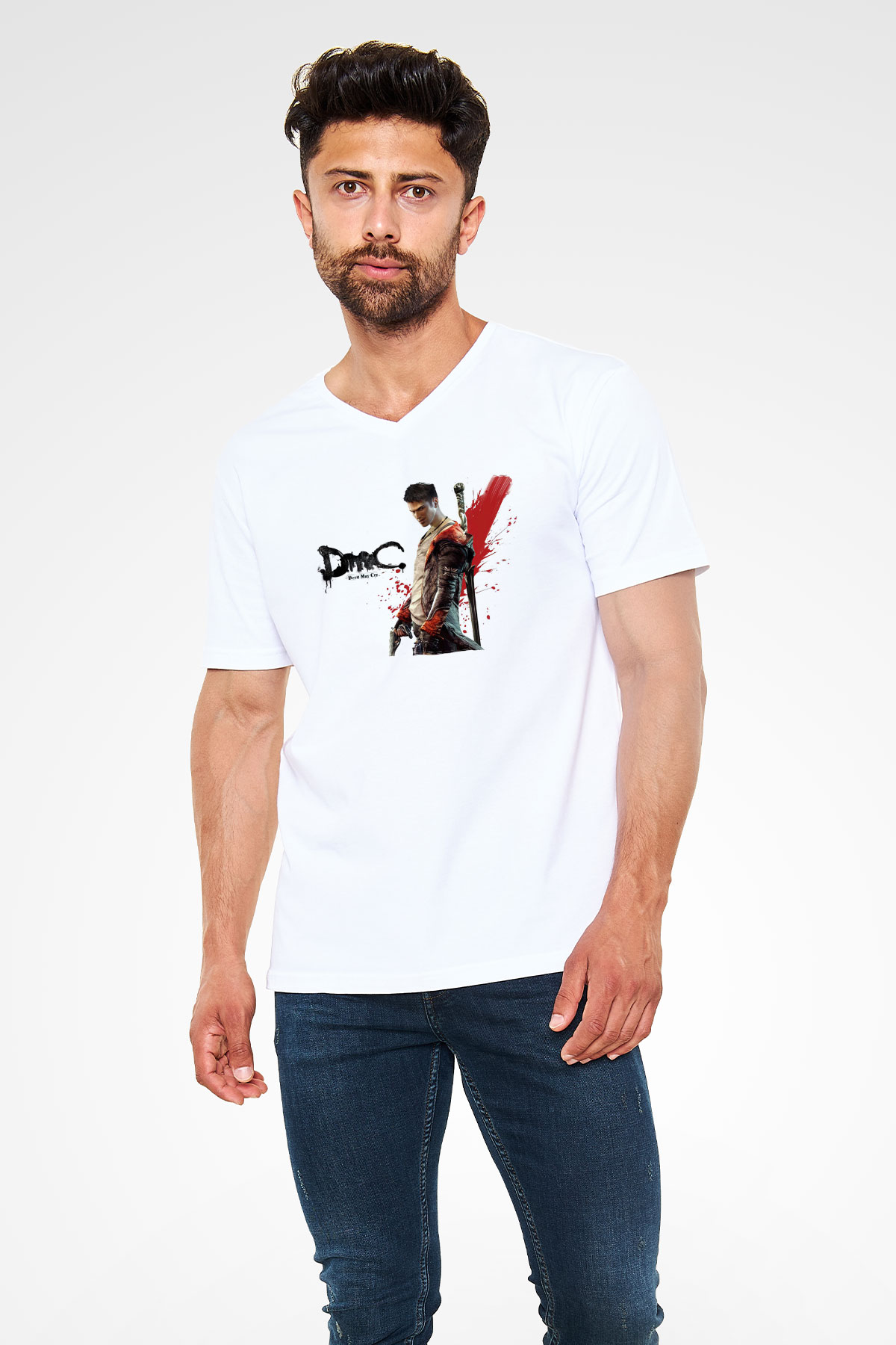 Devil May Cry Beyaz Unisex V Yaka Tişört