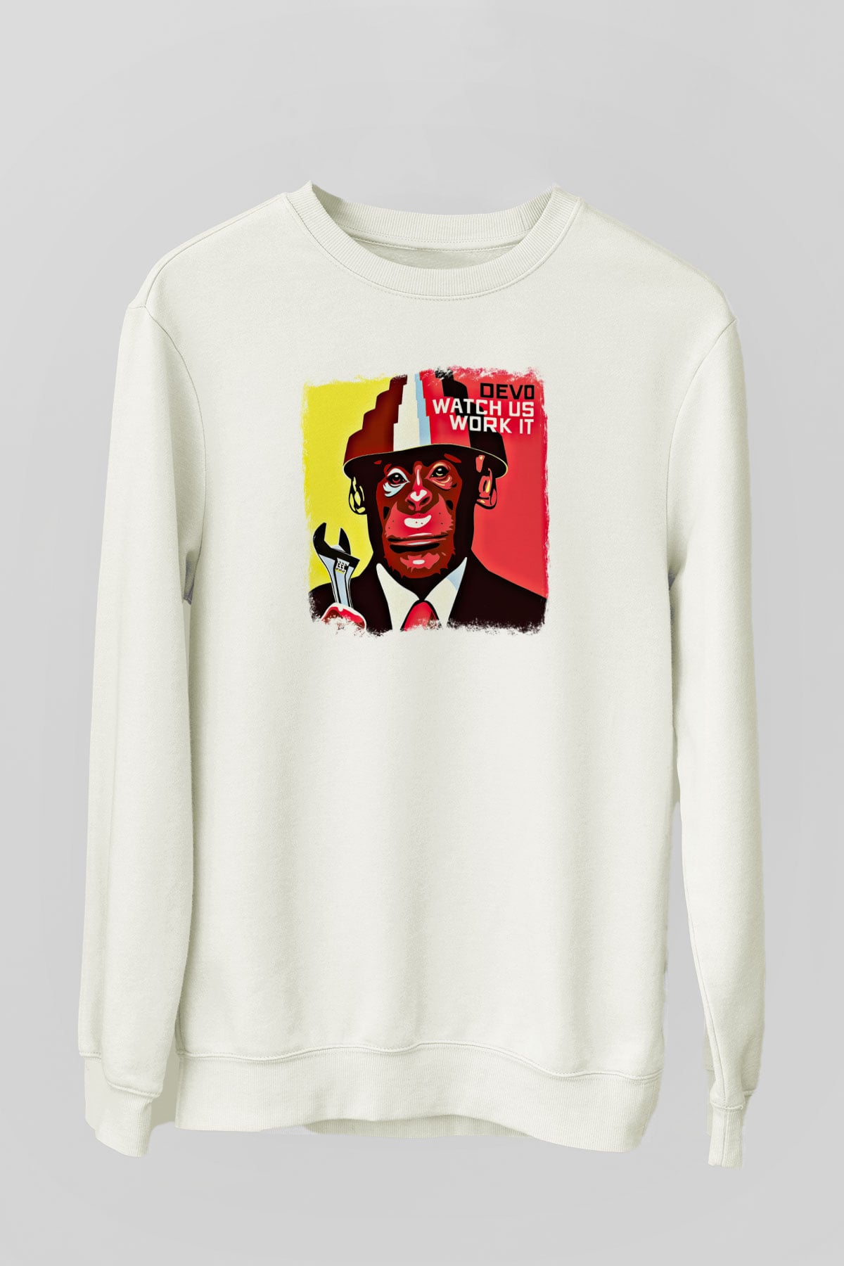 Devo Baskılı Unisex Beyaz Sweatshirt