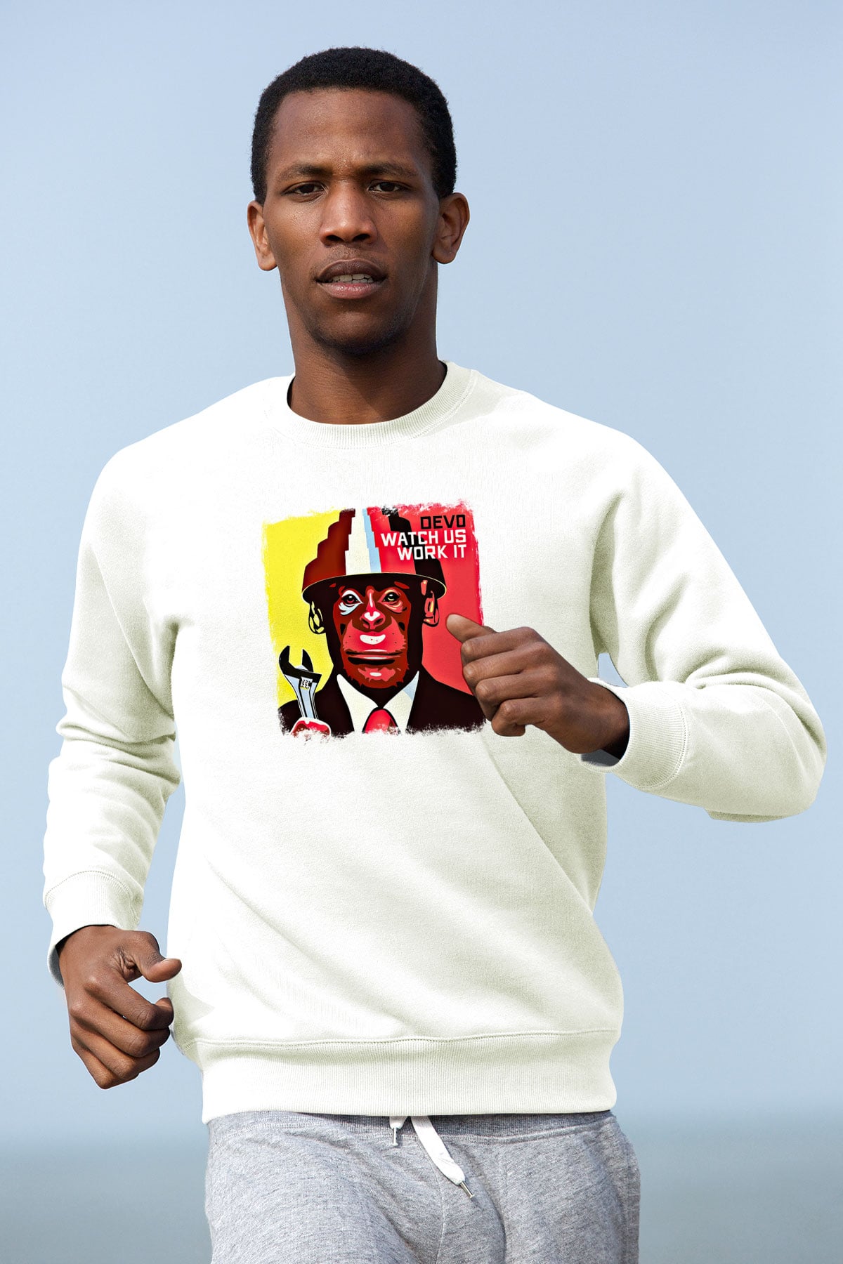Devo Baskılı Unisex Beyaz Sweatshirt