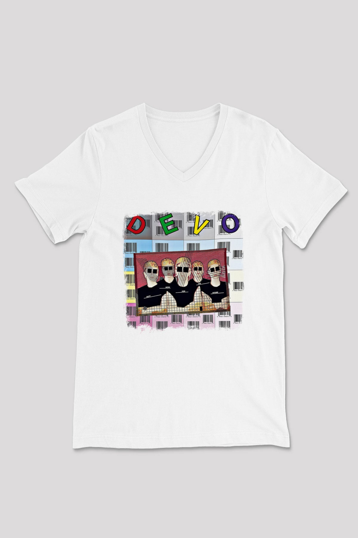 Devo Baskılı Unisex Beyaz V Yaka Tişört