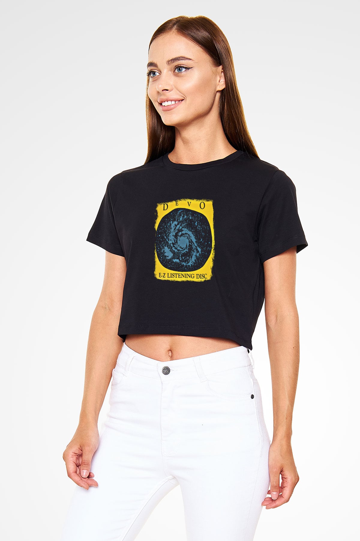 Devo Baskılı Unisex Siyah Crop Top Tişört