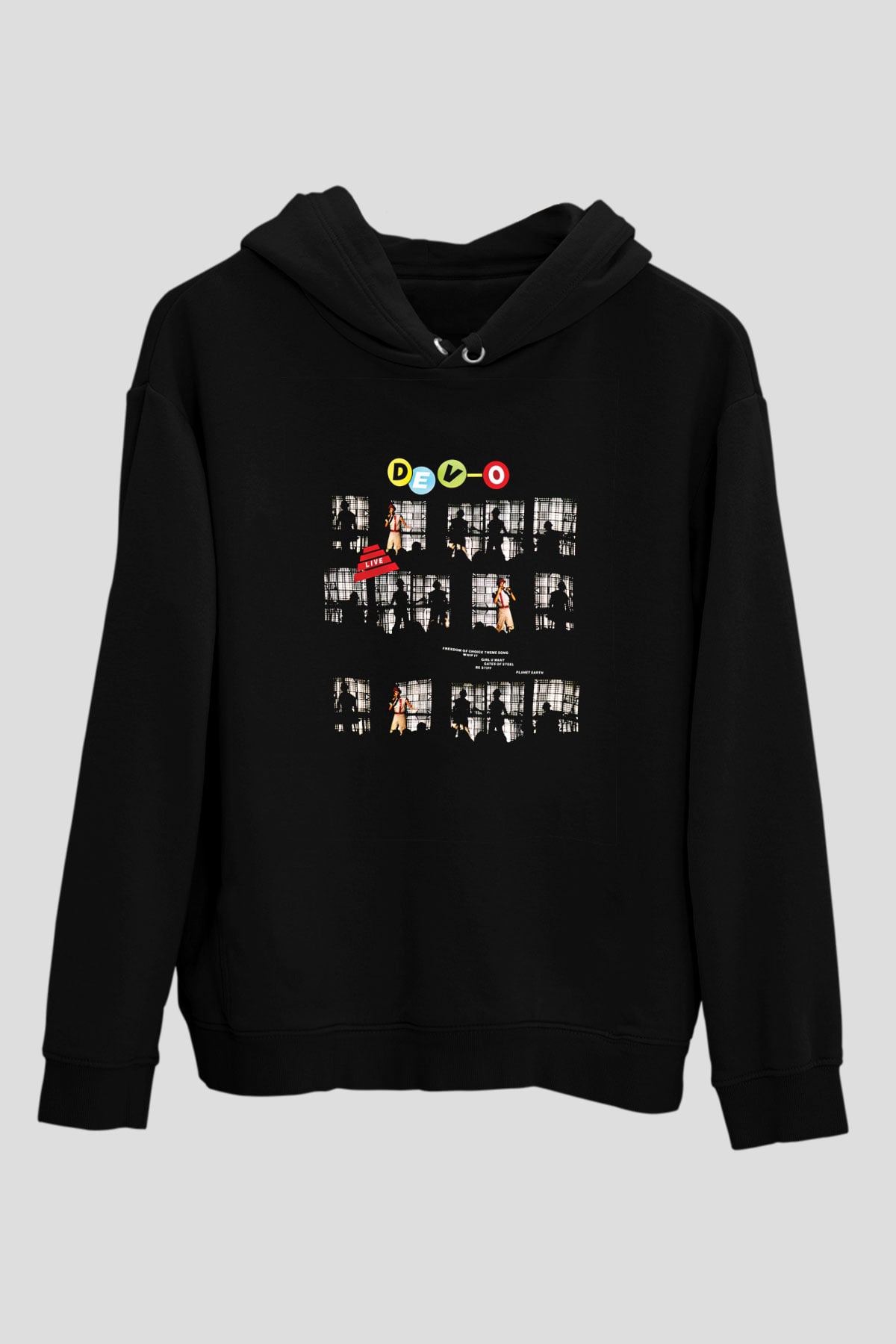 Devo Baskılı Unisex Siyah Hoodie