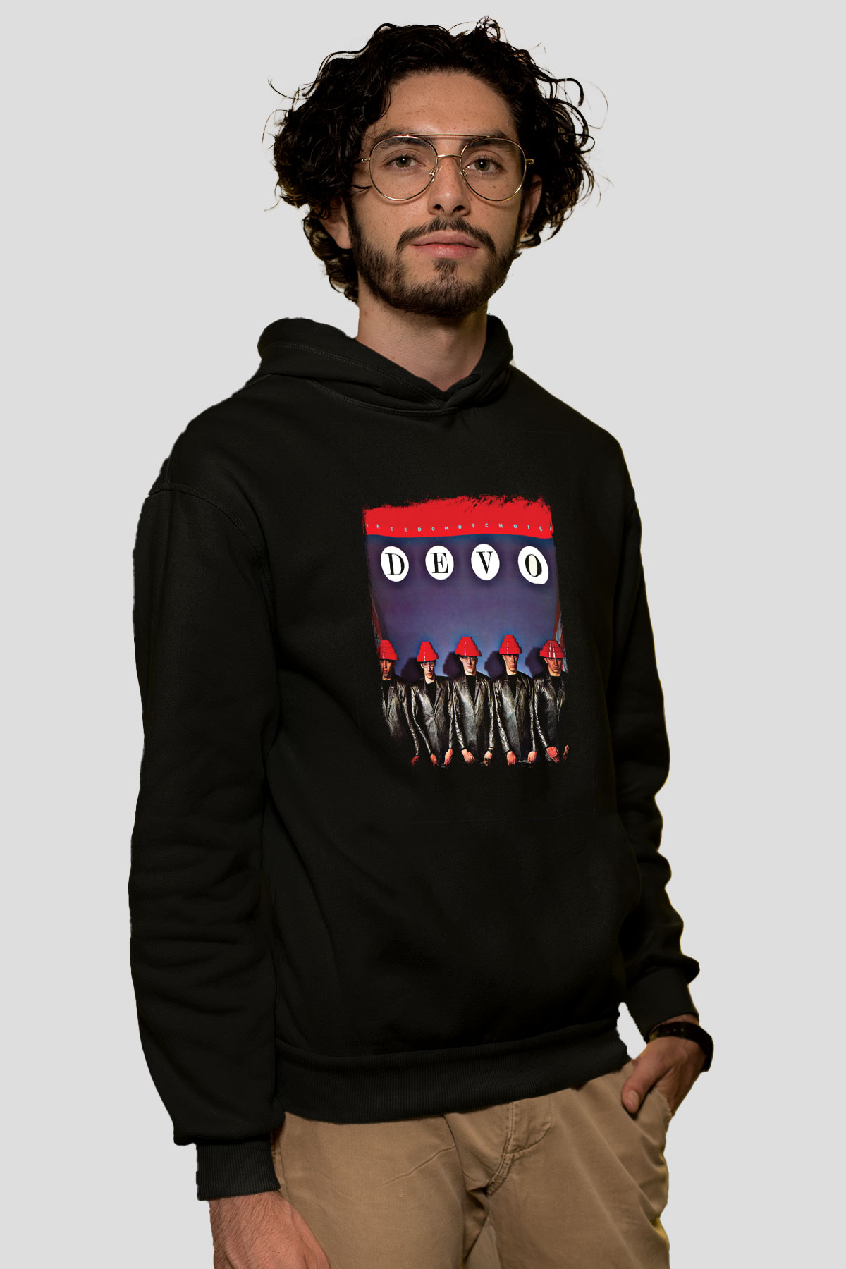 Devo Baskılı Unisex Siyah Hoodie