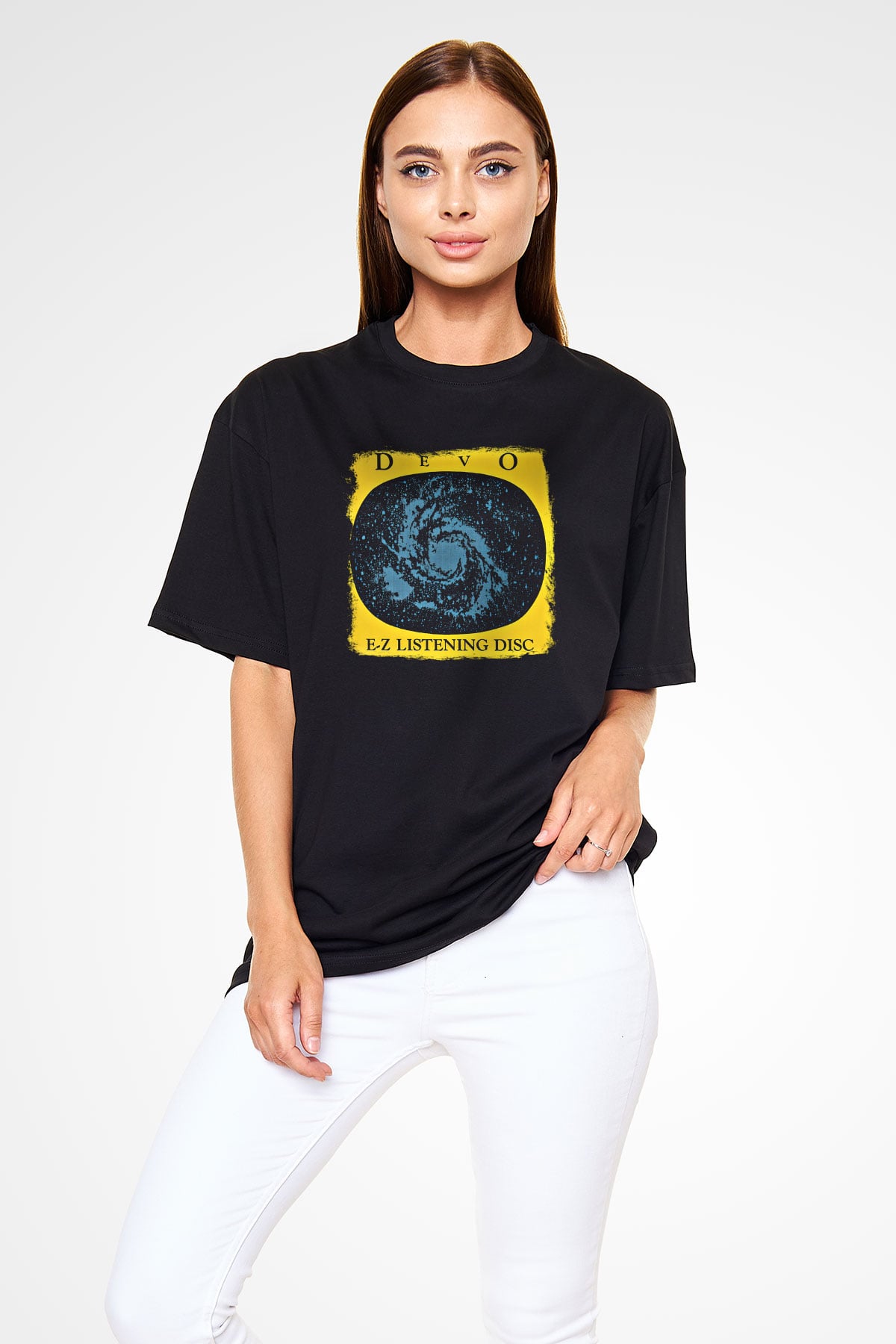 Devo Baskılı Unisex Siyah Oversize Tişört