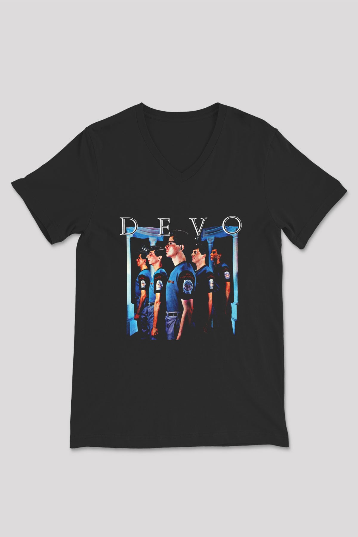Devo Baskılı Unisex Siyah V Yaka Tişört