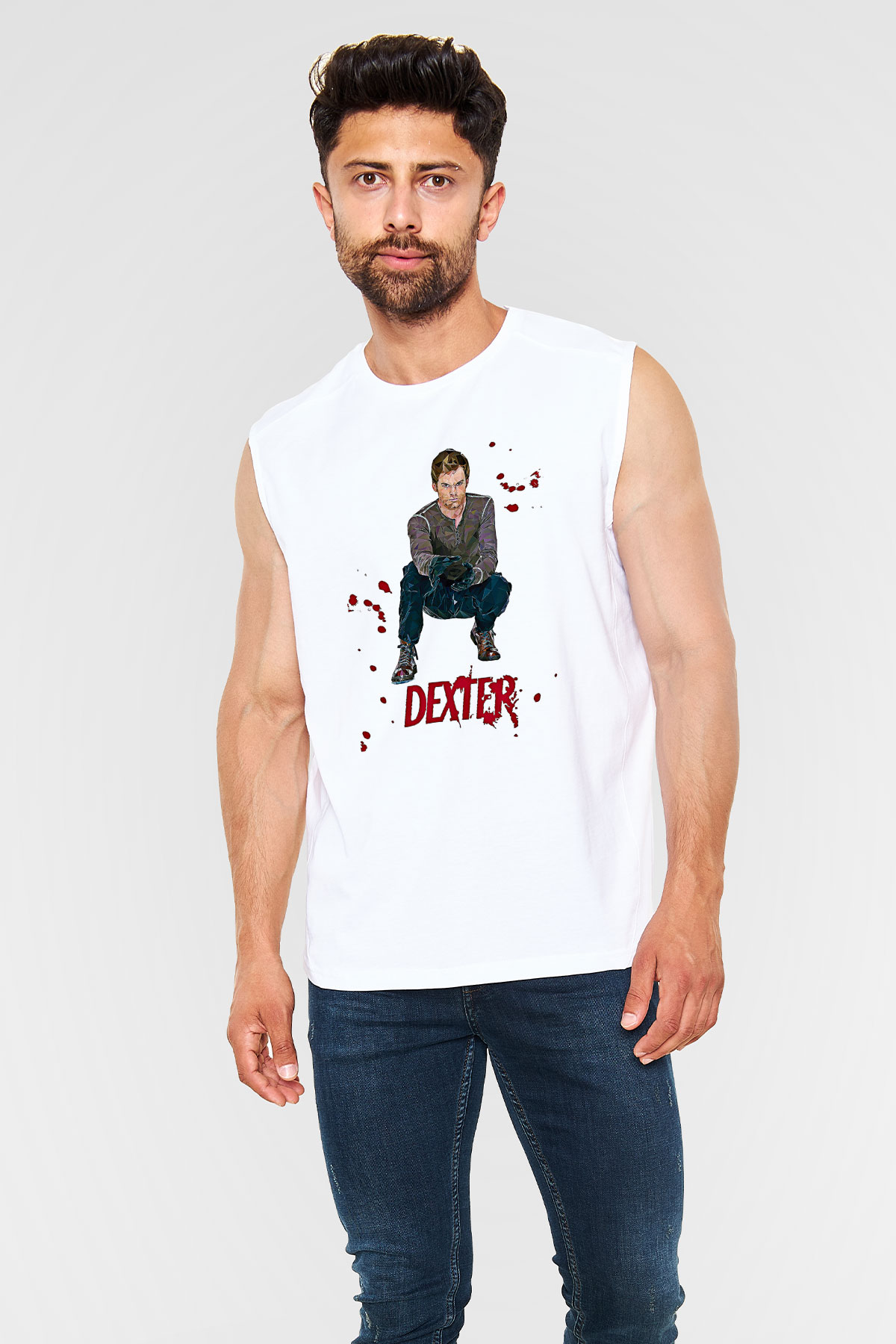 Dexter Baskılı Beyaz Unisex Kolsuz Tişört - Tshirt