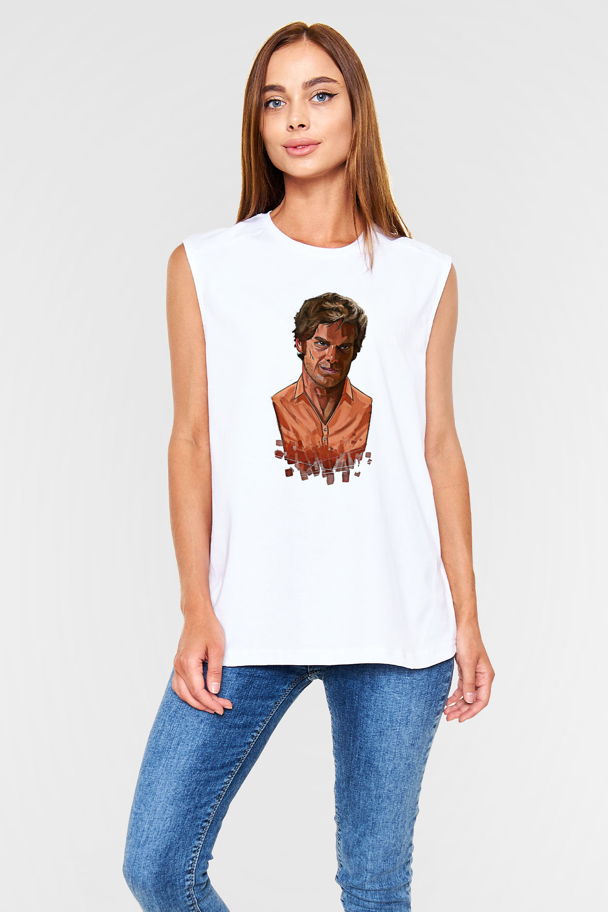 Dexter Baskılı Beyaz Unisex Kolsuz Tişört - Tshirt