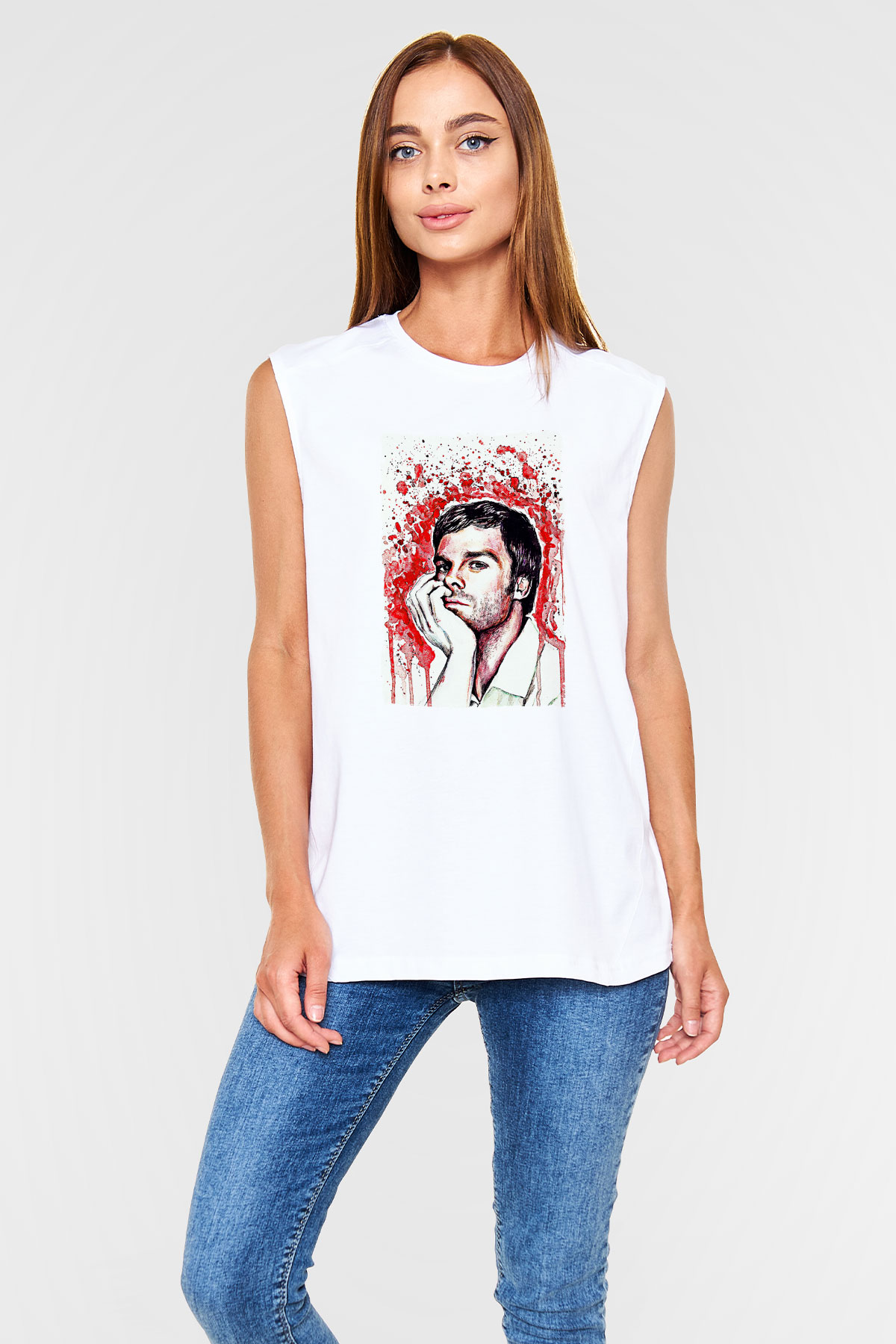 Dexter Baskılı Beyaz Unisex Kolsuz Tişört - Tshirt