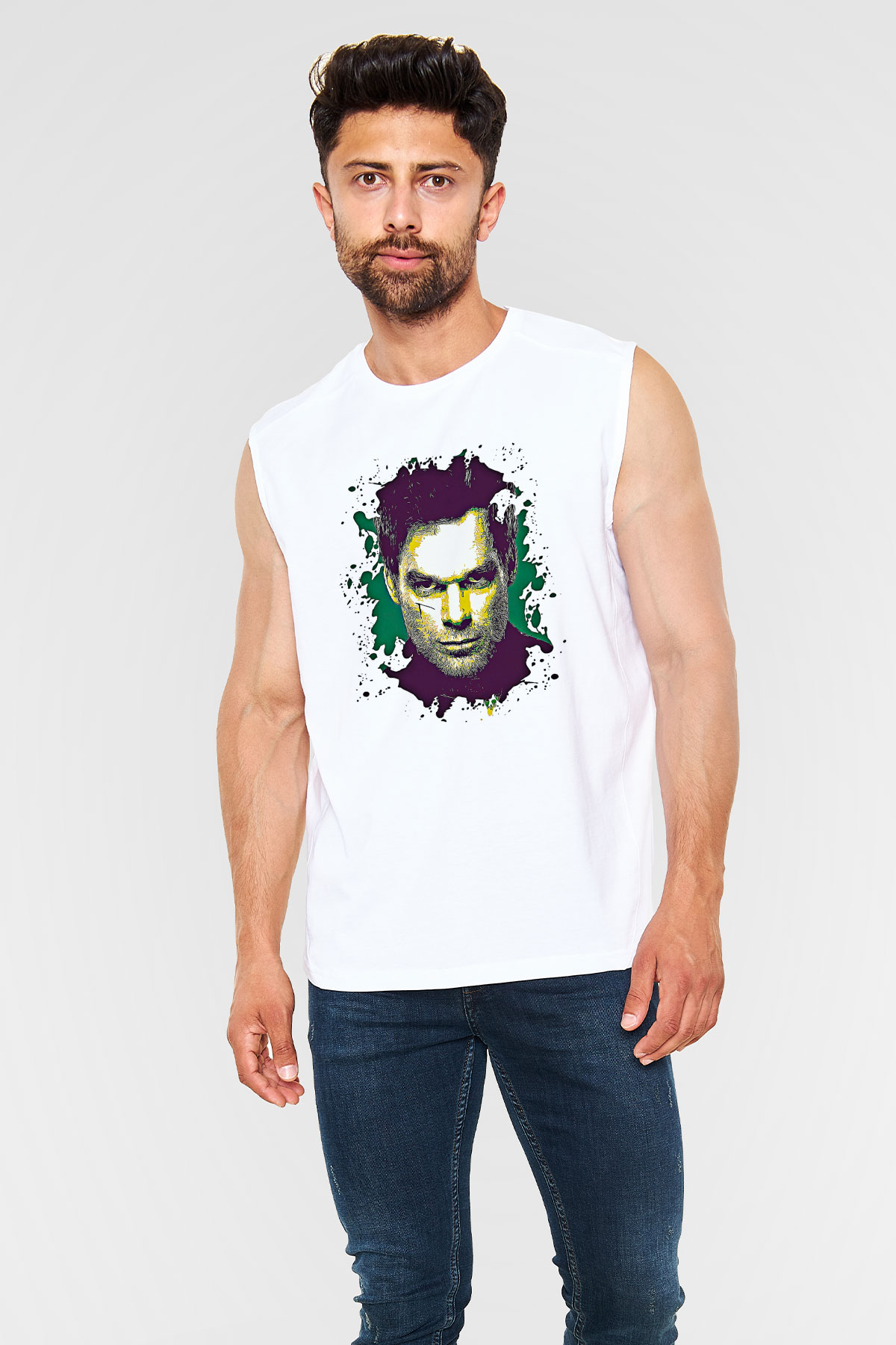 Dexter Baskılı Beyaz Unisex Kolsuz Tişört - Tshirt