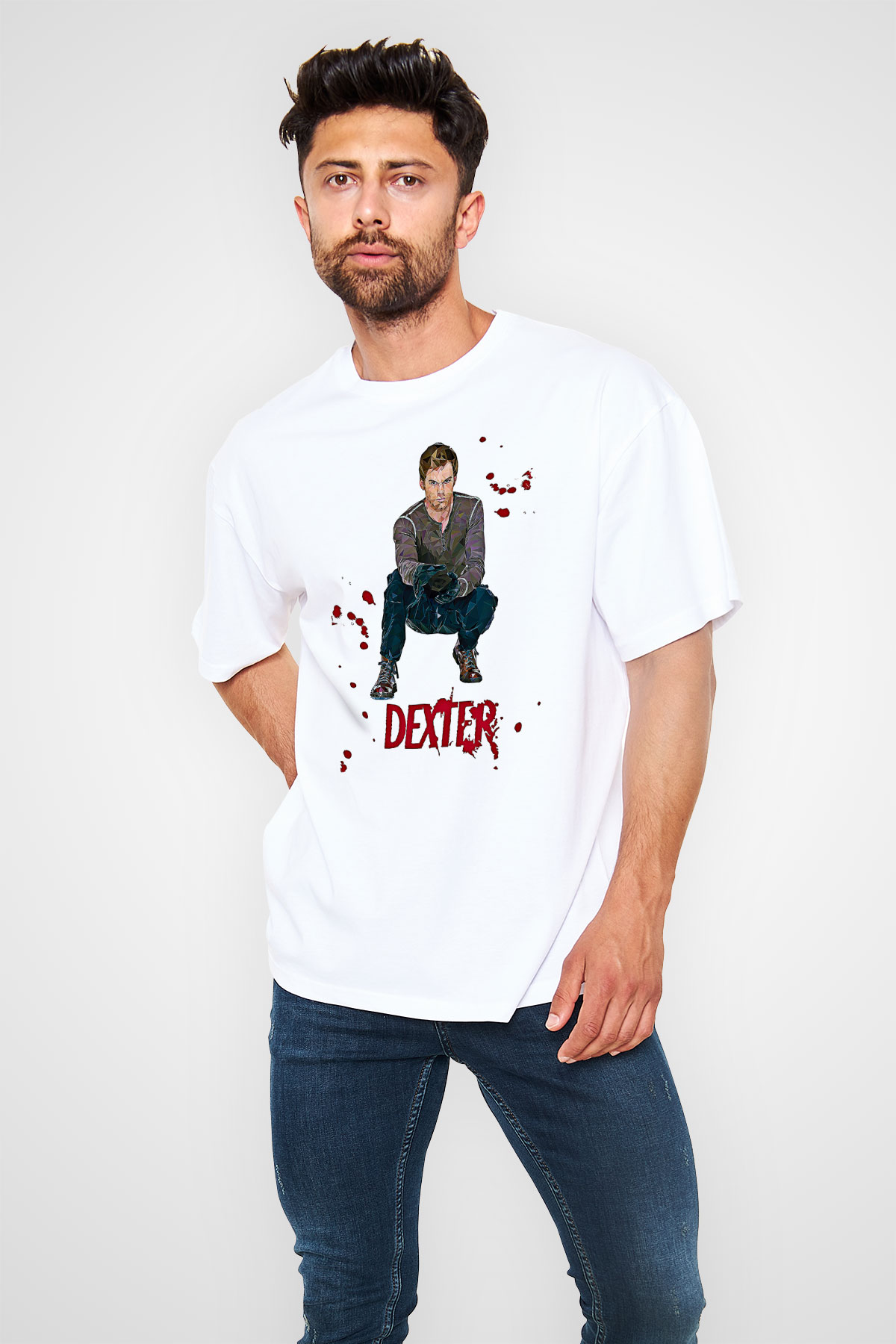 Dexter Baskılı Beyaz Unisex Oversize Tişört - Tshirt