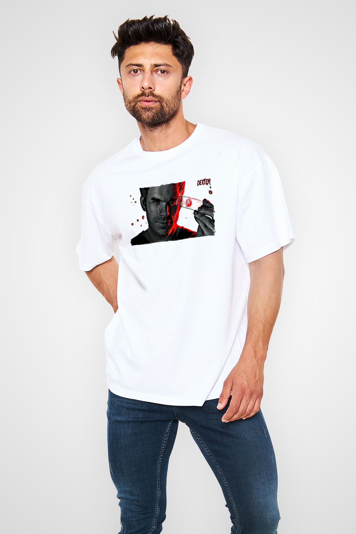 Dexter Baskılı Beyaz Unisex Oversize Tişört - Tshirt