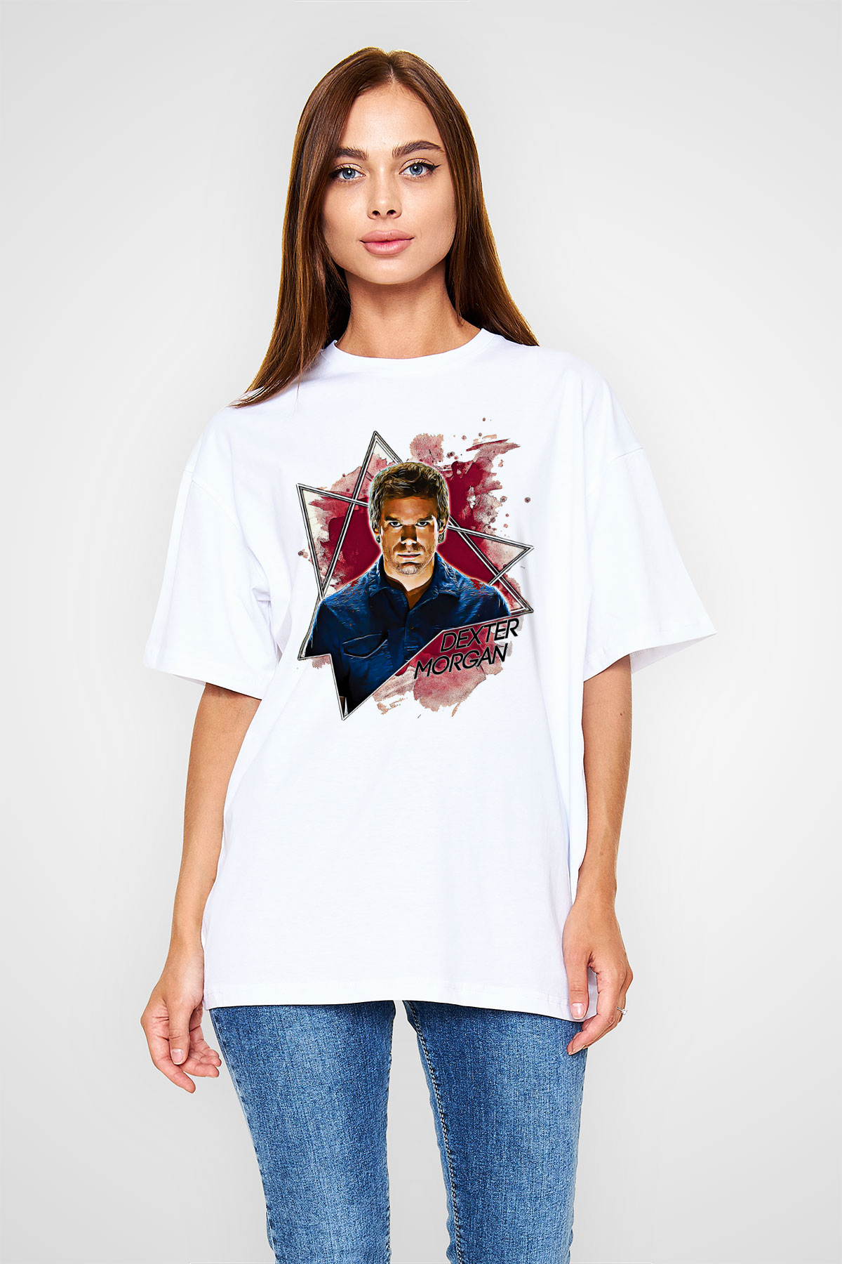 Dexter Baskılı Beyaz Unisex Oversize Tişört - Tshirt