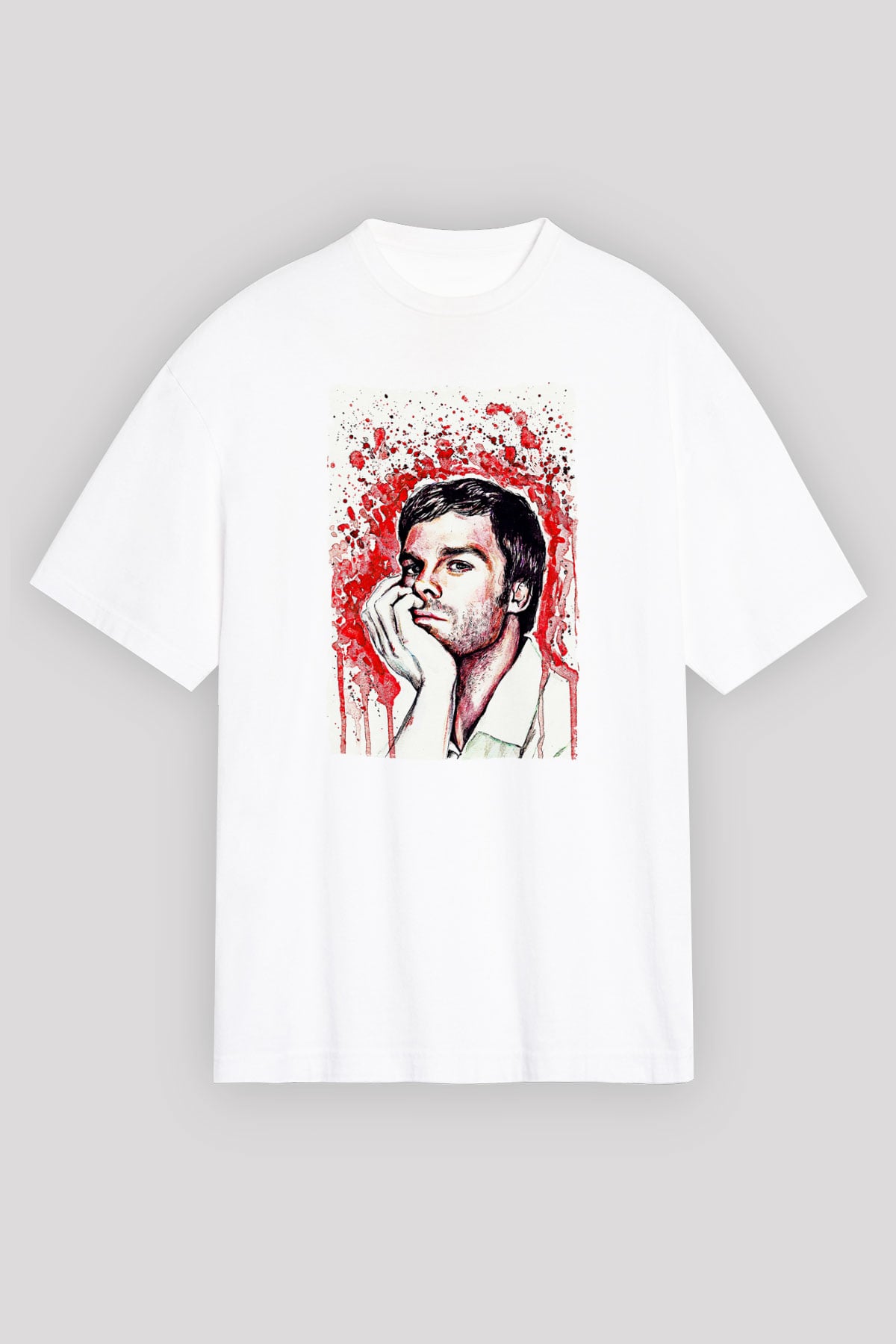 Dexter Baskılı Beyaz Unisex Oversize Tişört - Tshirt