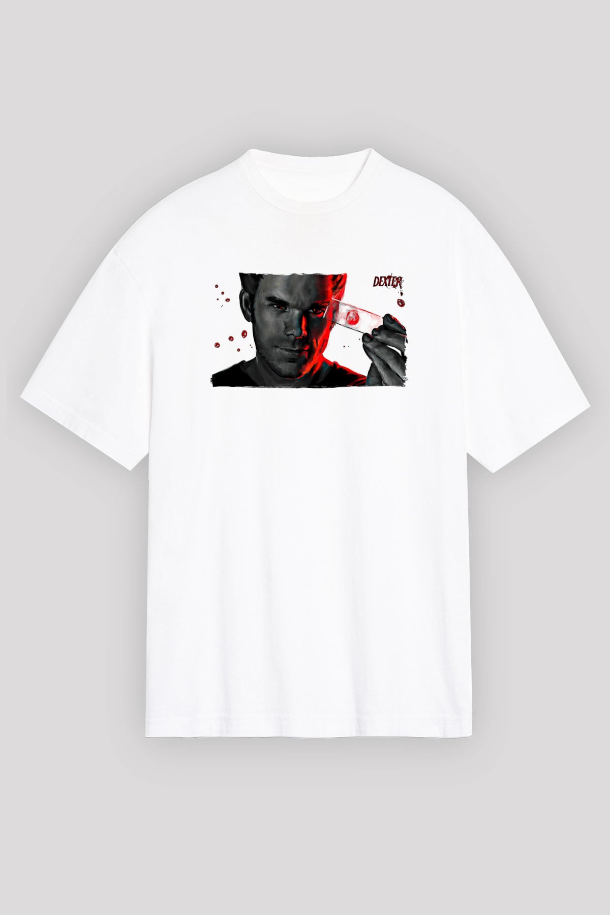 Dexter Baskılı Beyaz Unisex Oversize Tişört - Tshirt