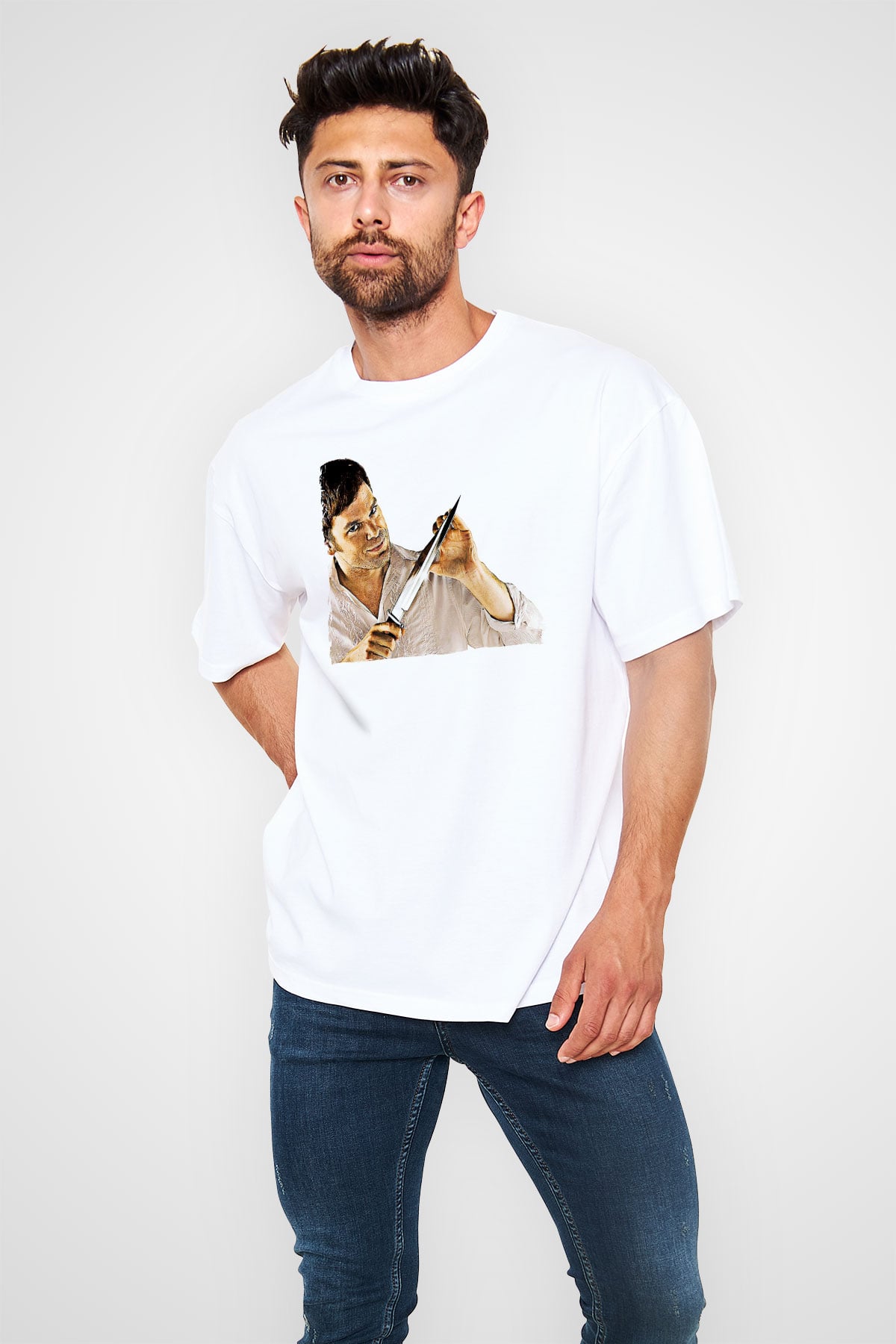 Dexter Baskılı Beyaz Unisex Oversize Tişört - Tshirt