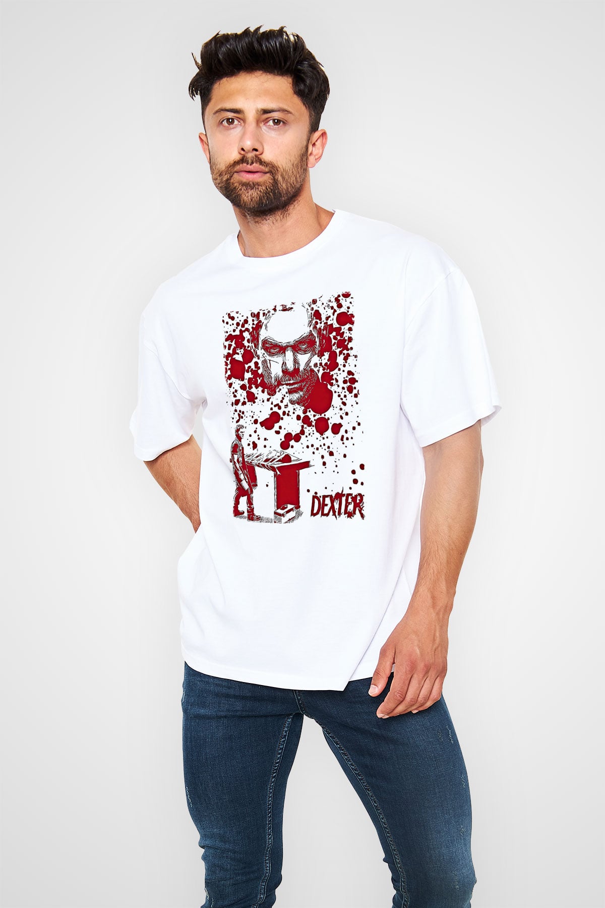Dexter Baskılı Beyaz Unisex Oversize Tişört - Tshirt