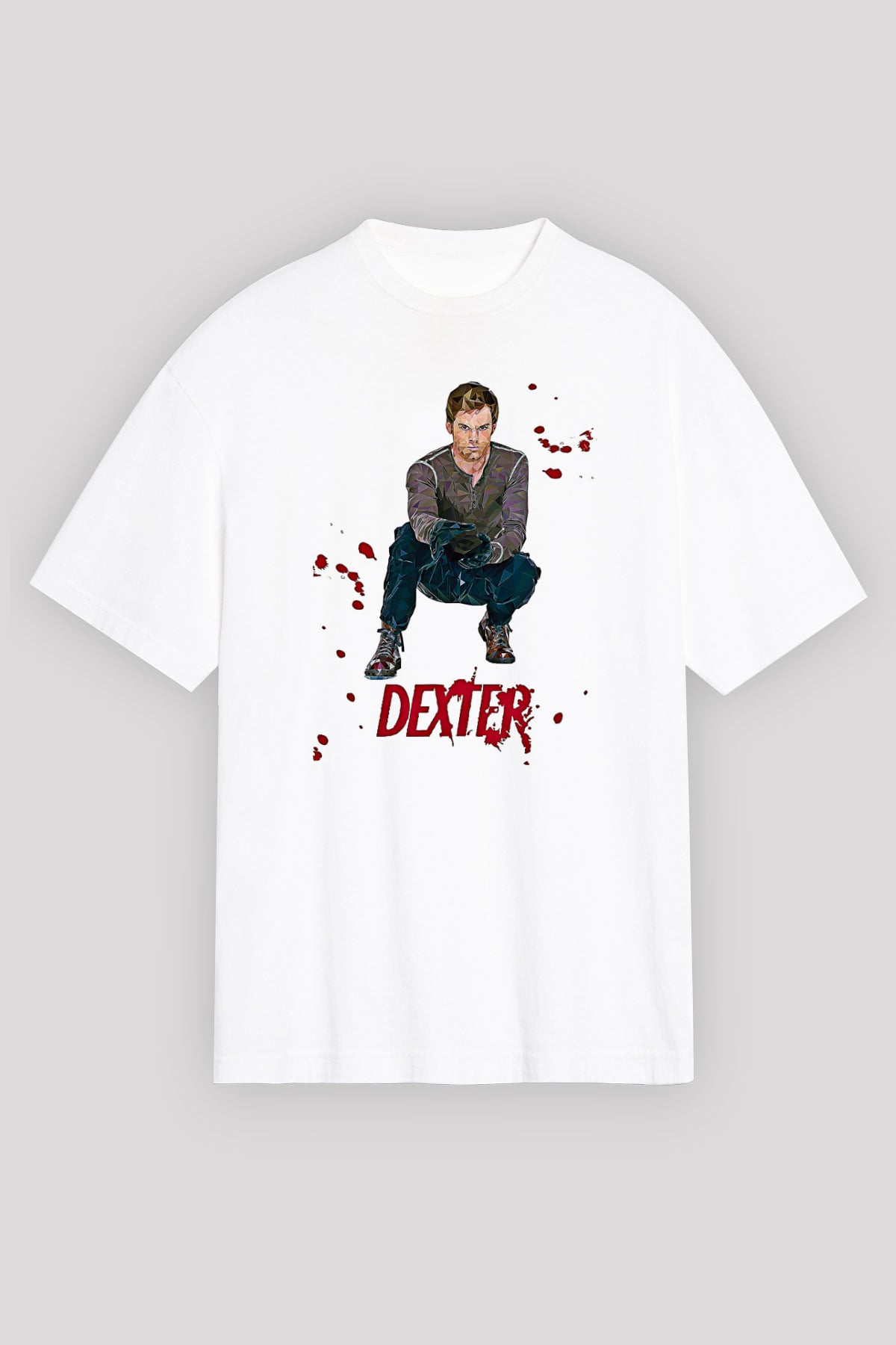 Dexter Baskılı Beyaz Unisex Oversize Tişört - Tshirt