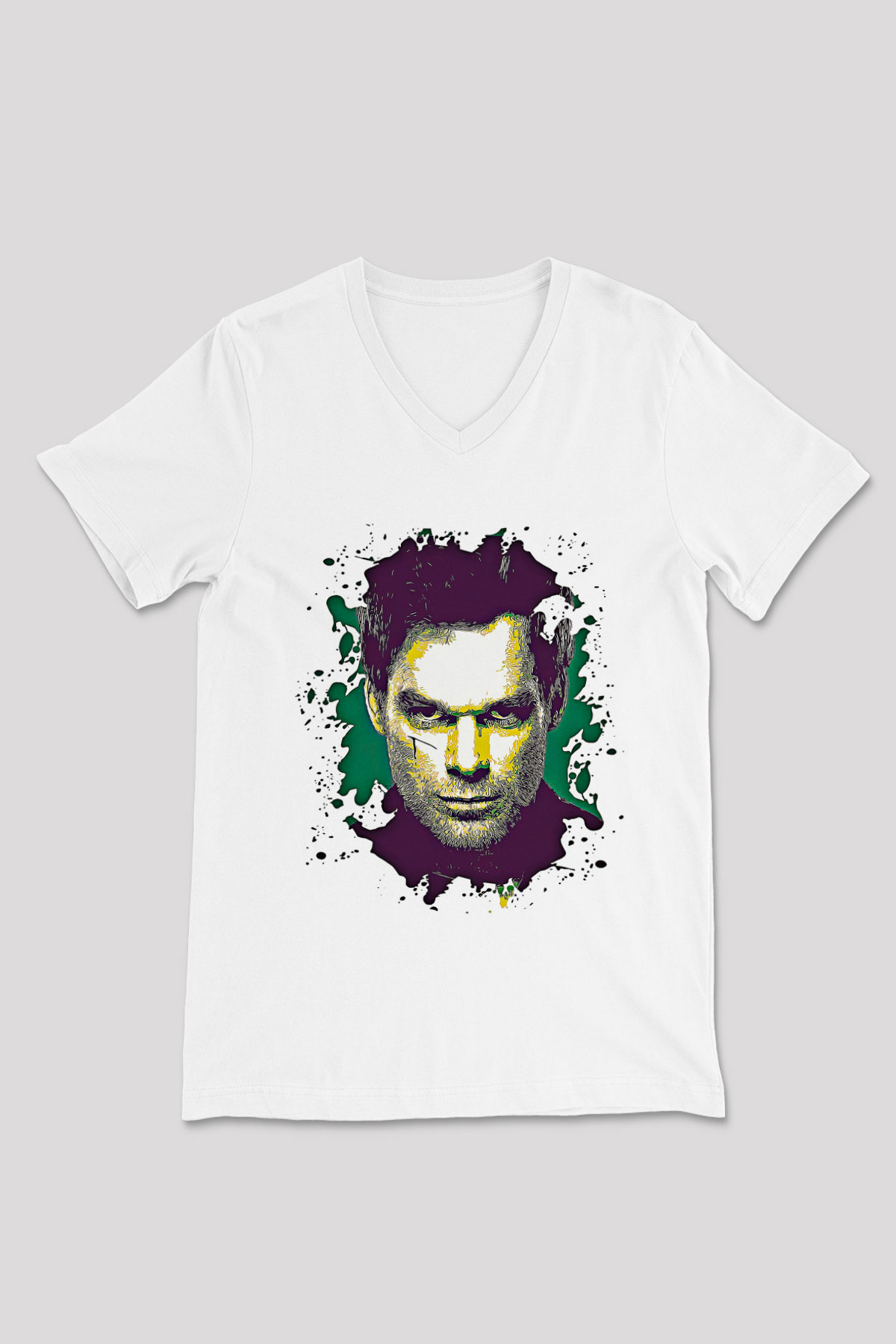Dexter Baskılı Beyaz Unisex V Yaka Tişört - Tshirt