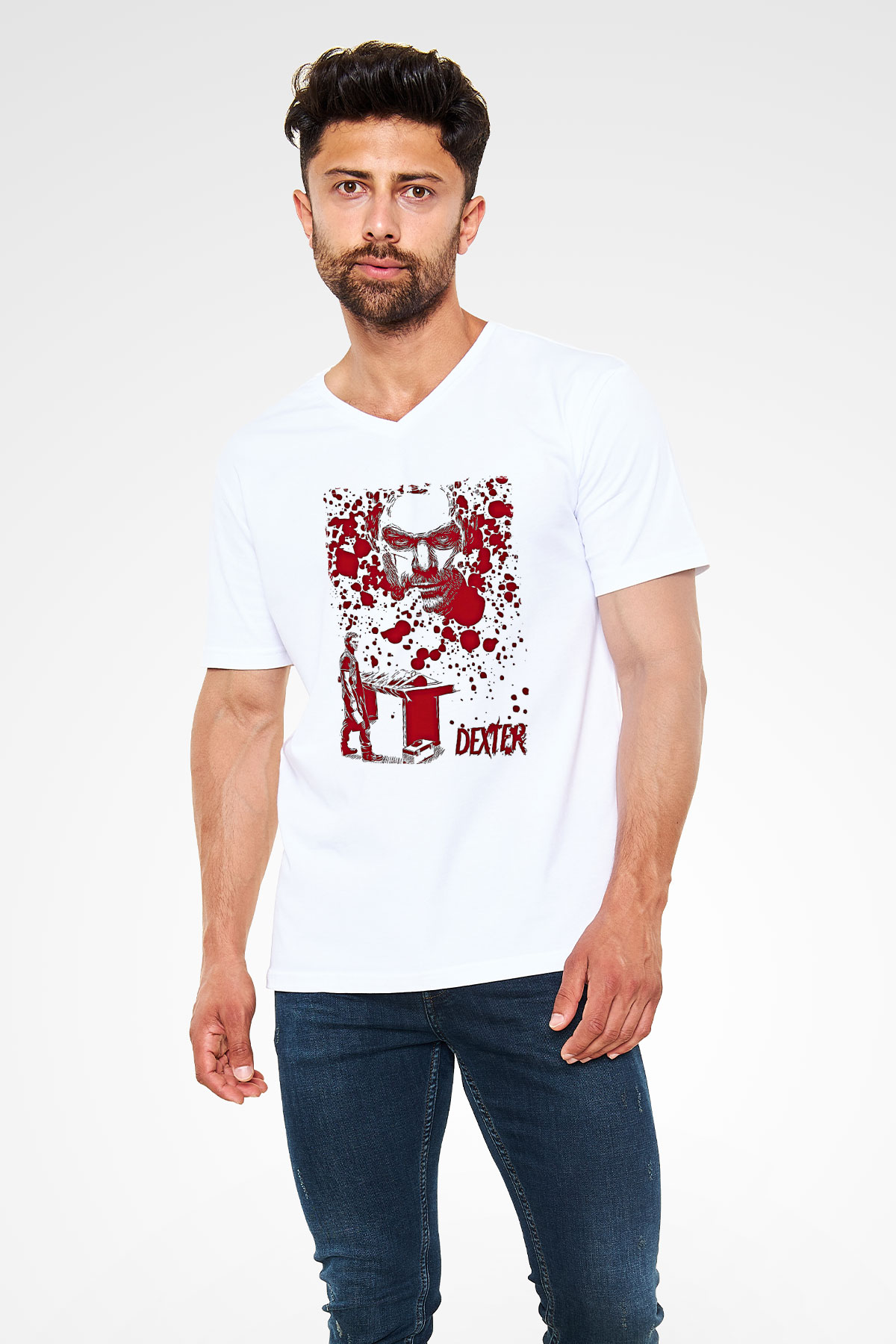 Dexter Baskılı Beyaz Unisex V Yaka Tişört - Tshirt