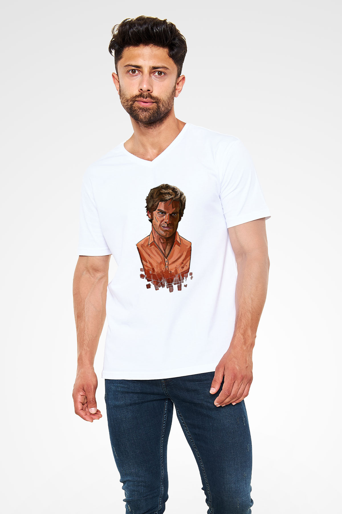 Dexter Baskılı Beyaz Unisex V Yaka Tişört - Tshirt