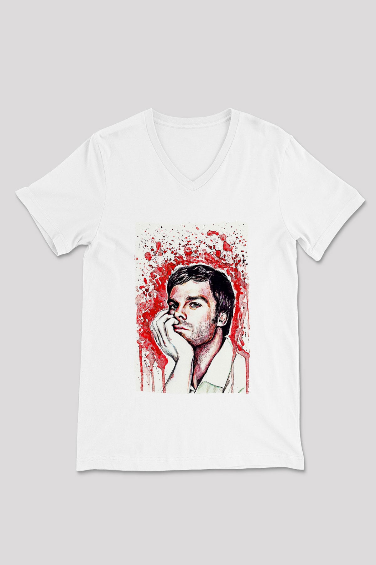 Dexter Baskılı Beyaz Unisex V Yaka Tişört - Tshirt