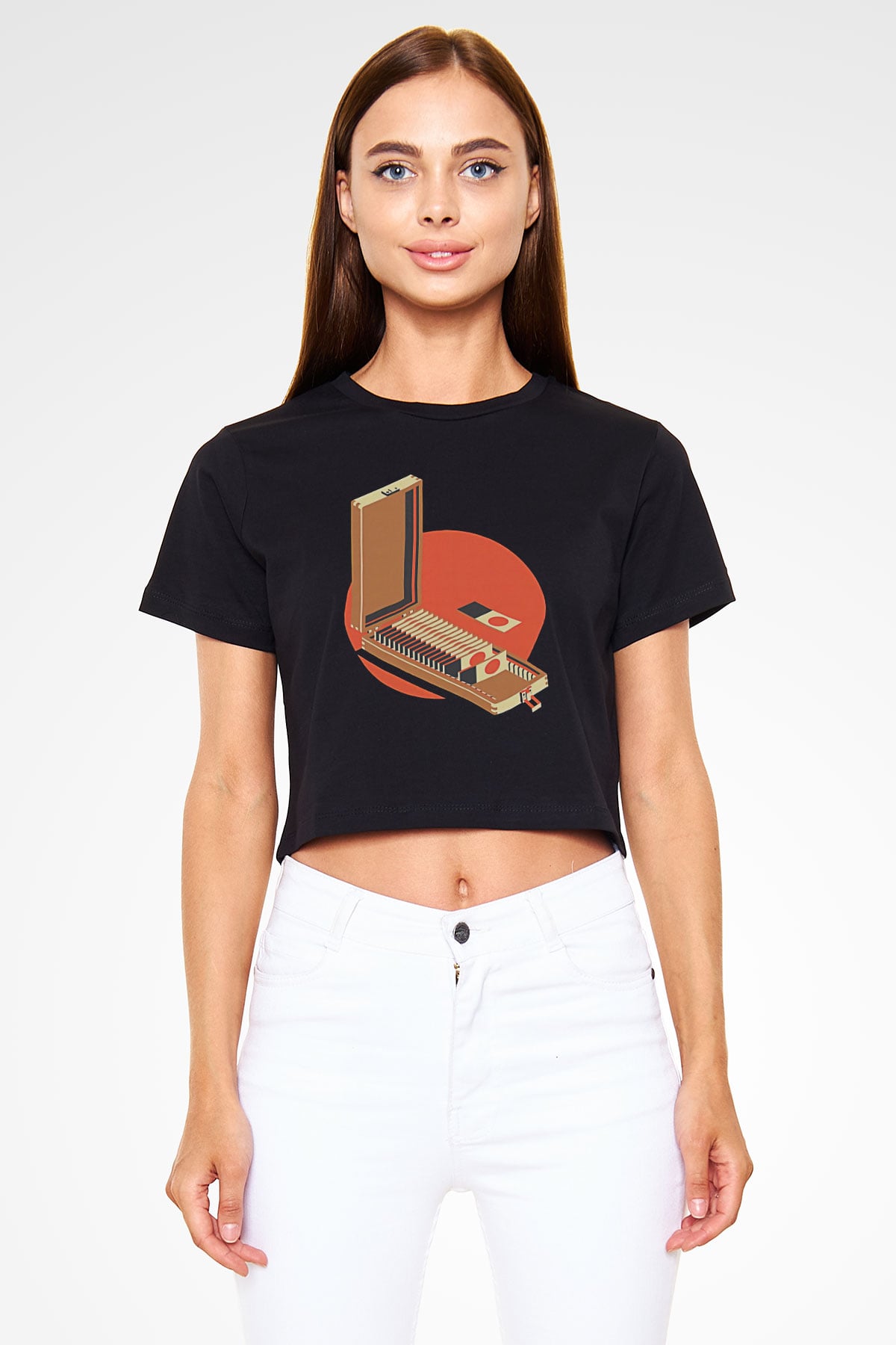 Dexter Baskılı Siyah Crop Top Kadın Tişört - Tshirt