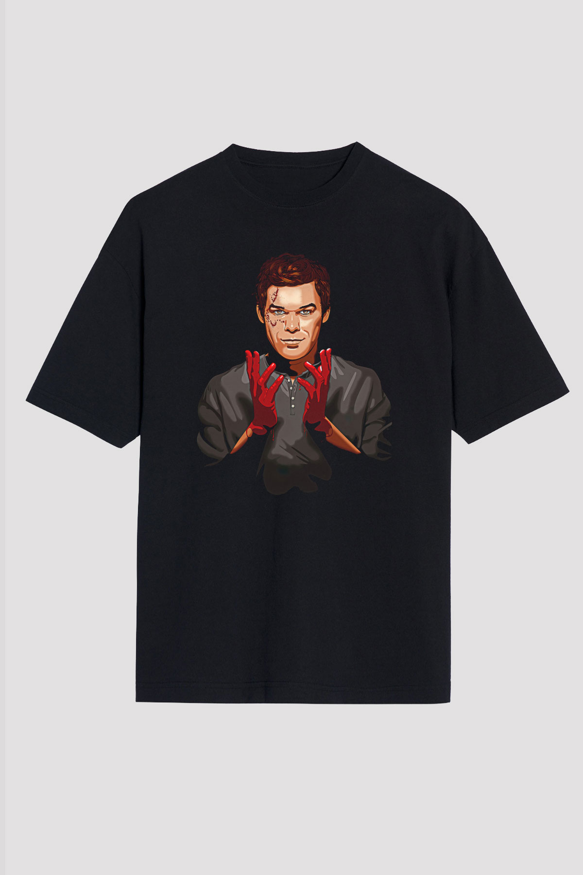Dexter Baskılı Unisex Siyah Oversize Tişört - Tshirt