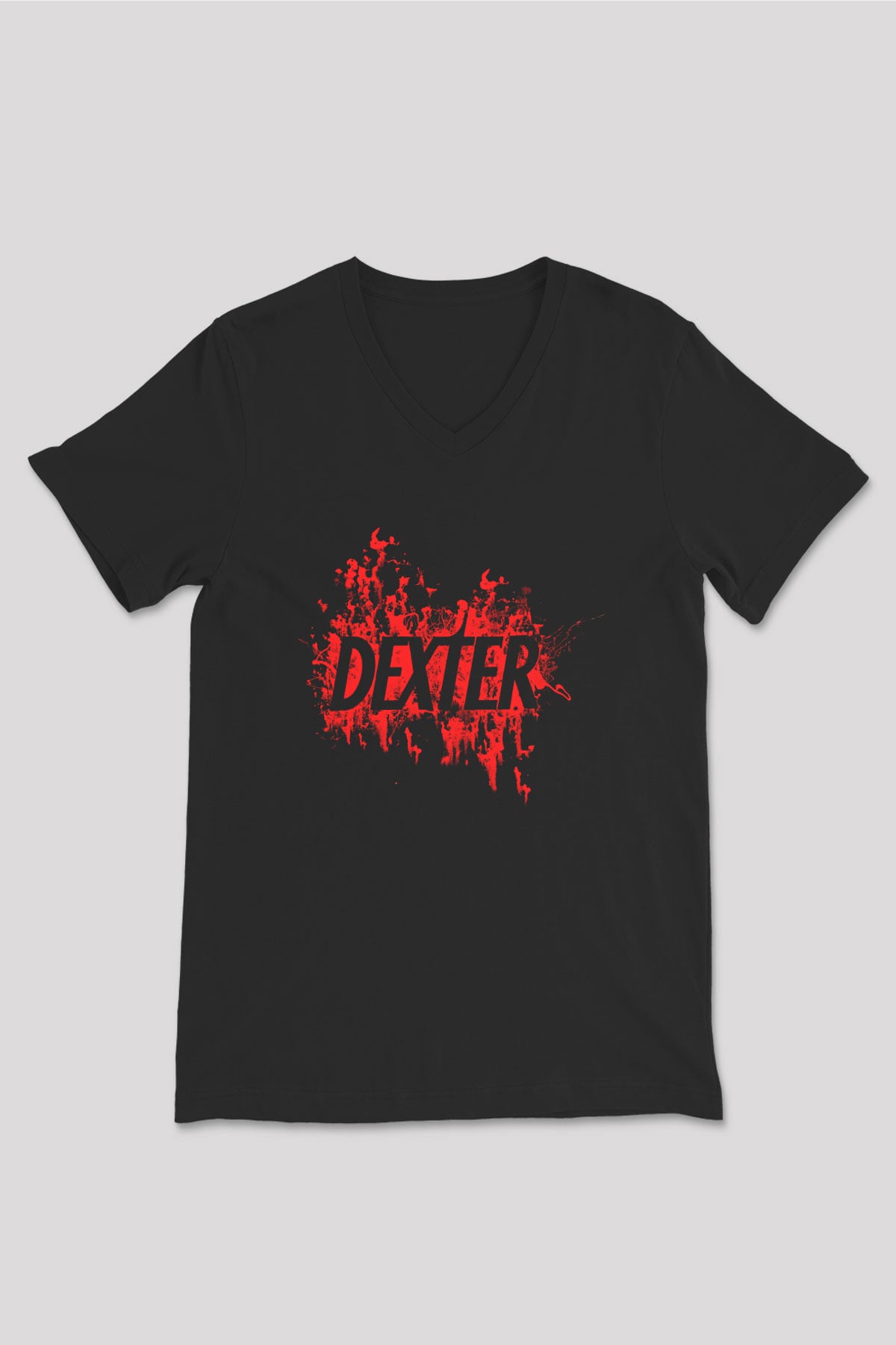 Dexter Baskılı Unisex Siyah V Yaka Tişört - Tshirt