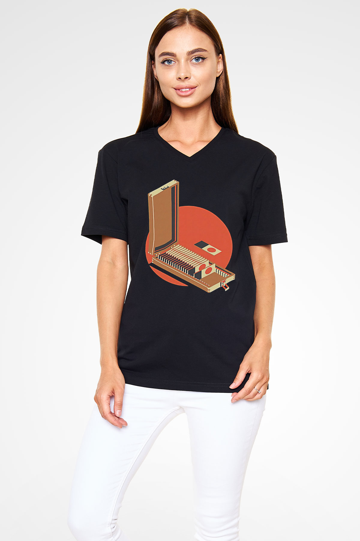 Dexter Baskılı Unisex Siyah V Yaka Tişört - Tshirt