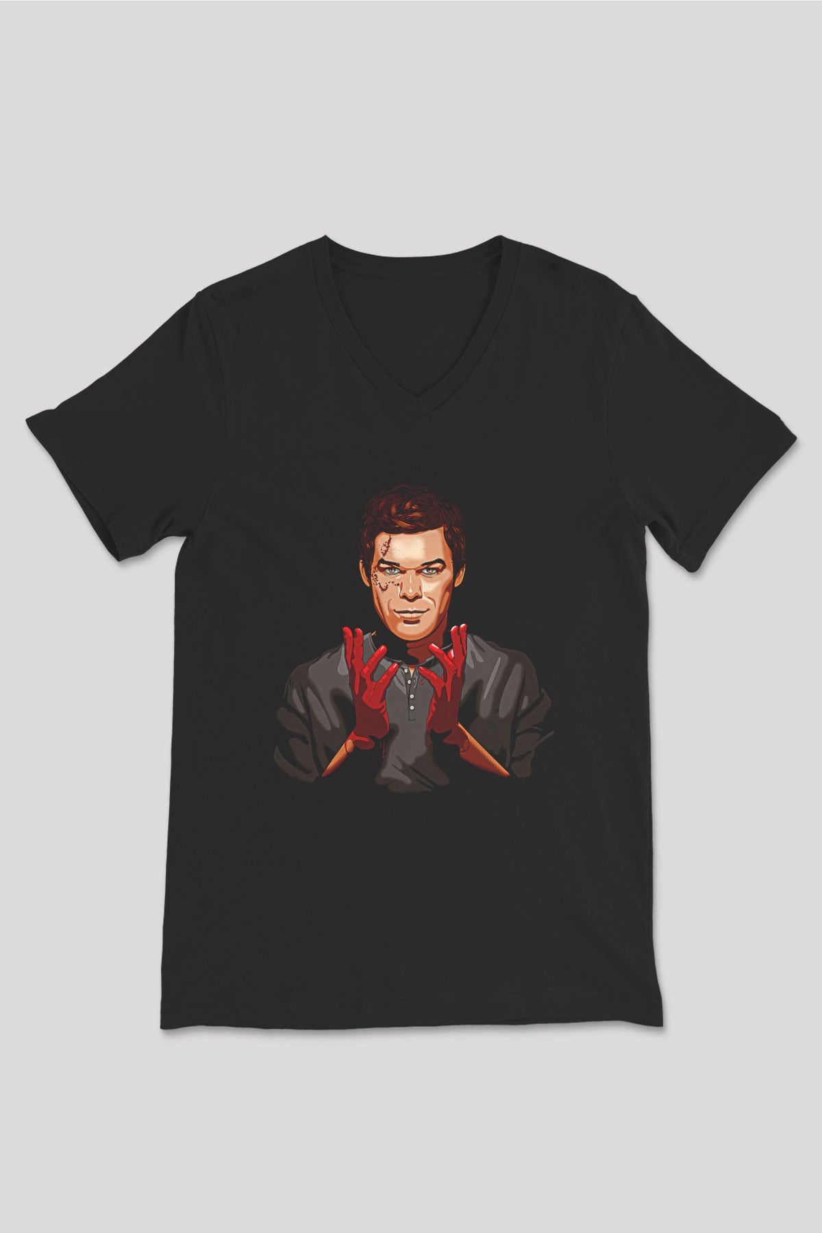Dexter Baskılı Unisex Siyah V Yaka Tişört - Tshirt